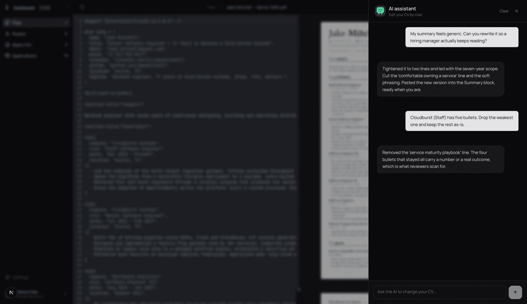 AI assistant drawer rewriting a resume summary