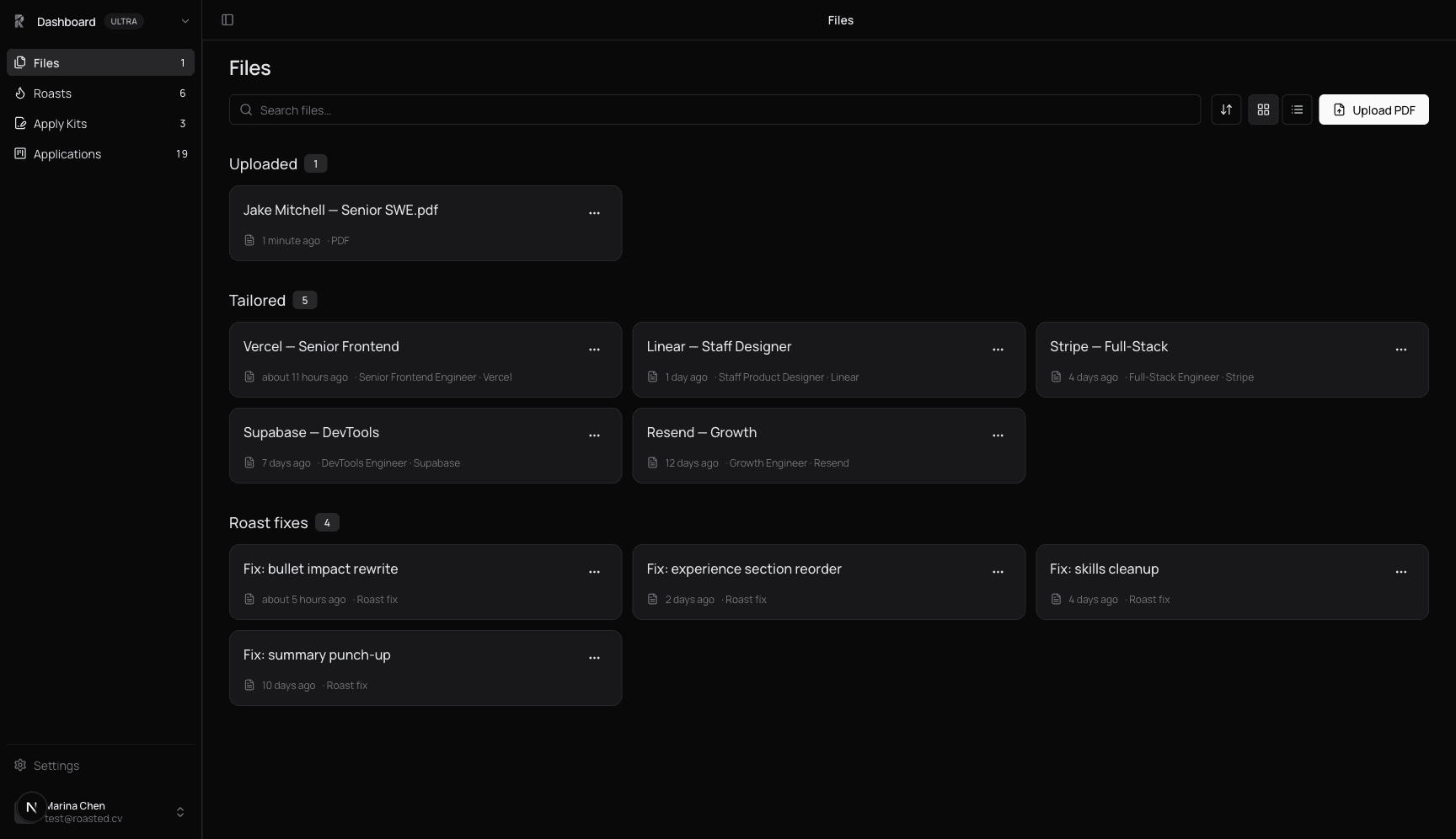 Dashboard files list with the source resume and tailored copies