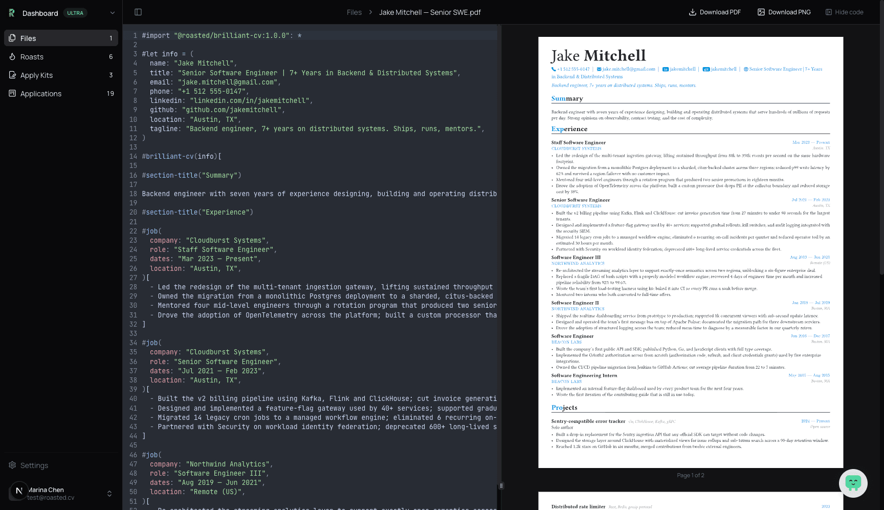 Editor with code on the left and a live PDF preview on the right