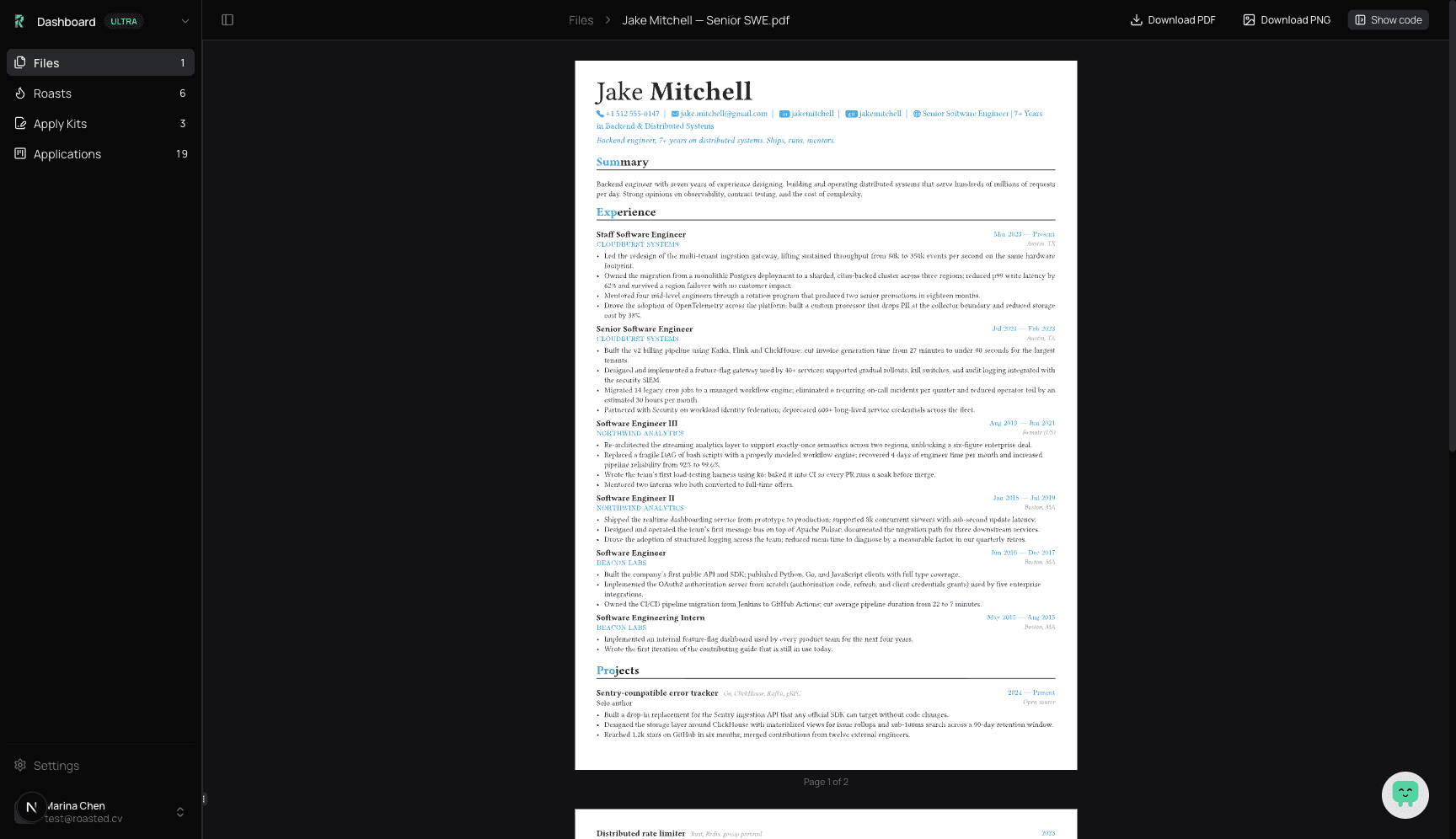 Resume PDF rendered full width with the code panel hidden