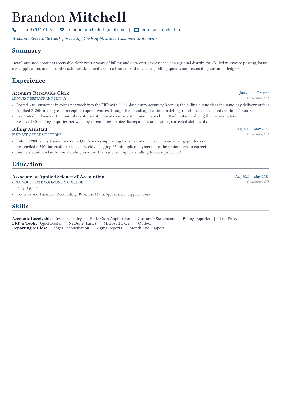 Accounts Receivable Specialist resume example