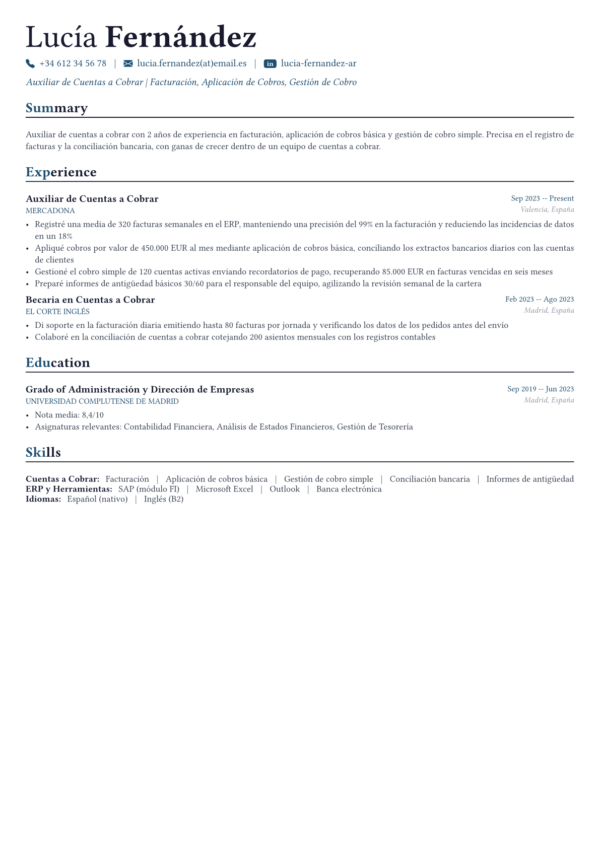 Responsable de Cuentas a Cobrar ejemplo de CV