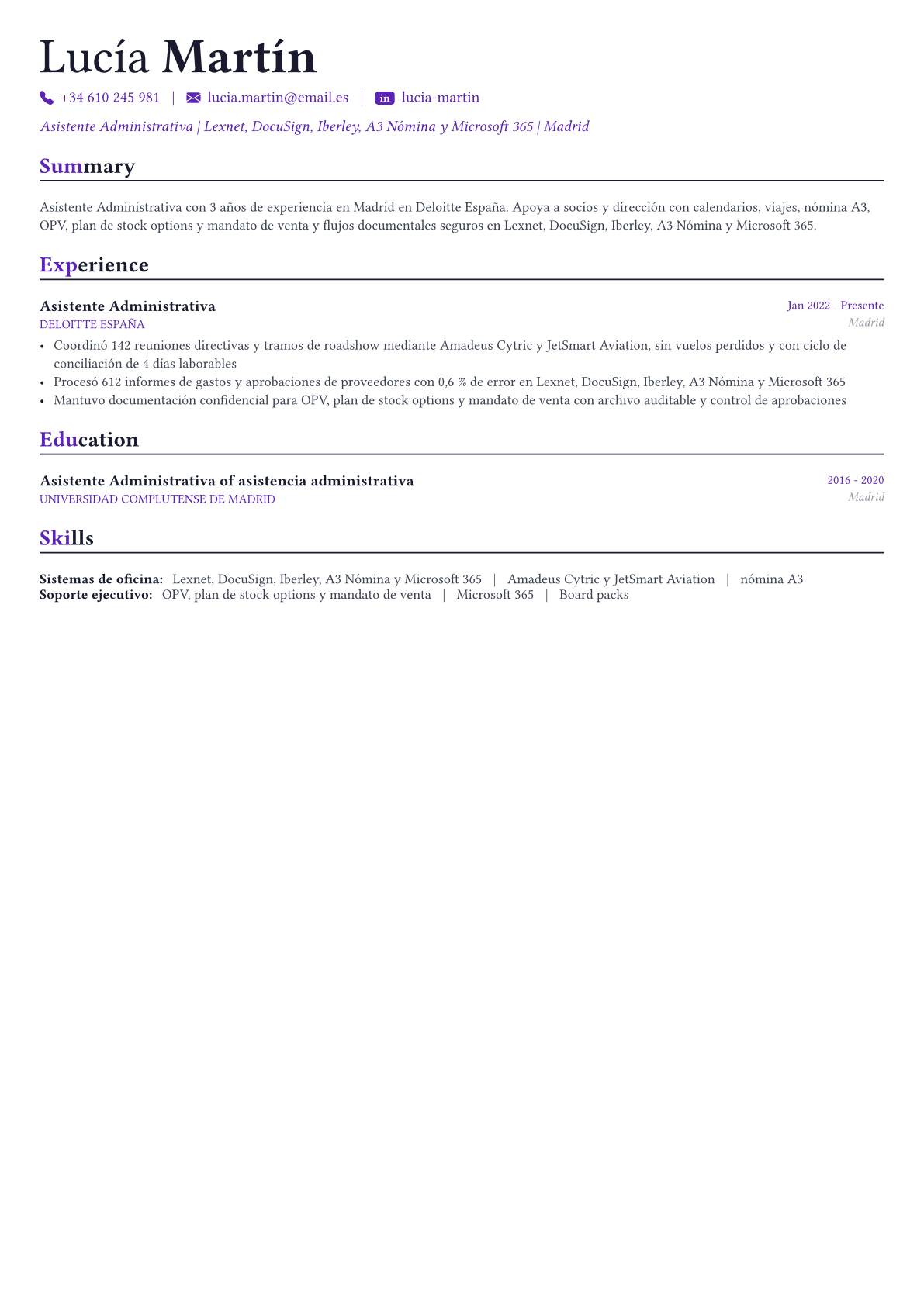 Administrative Assistant ejemplo de CV