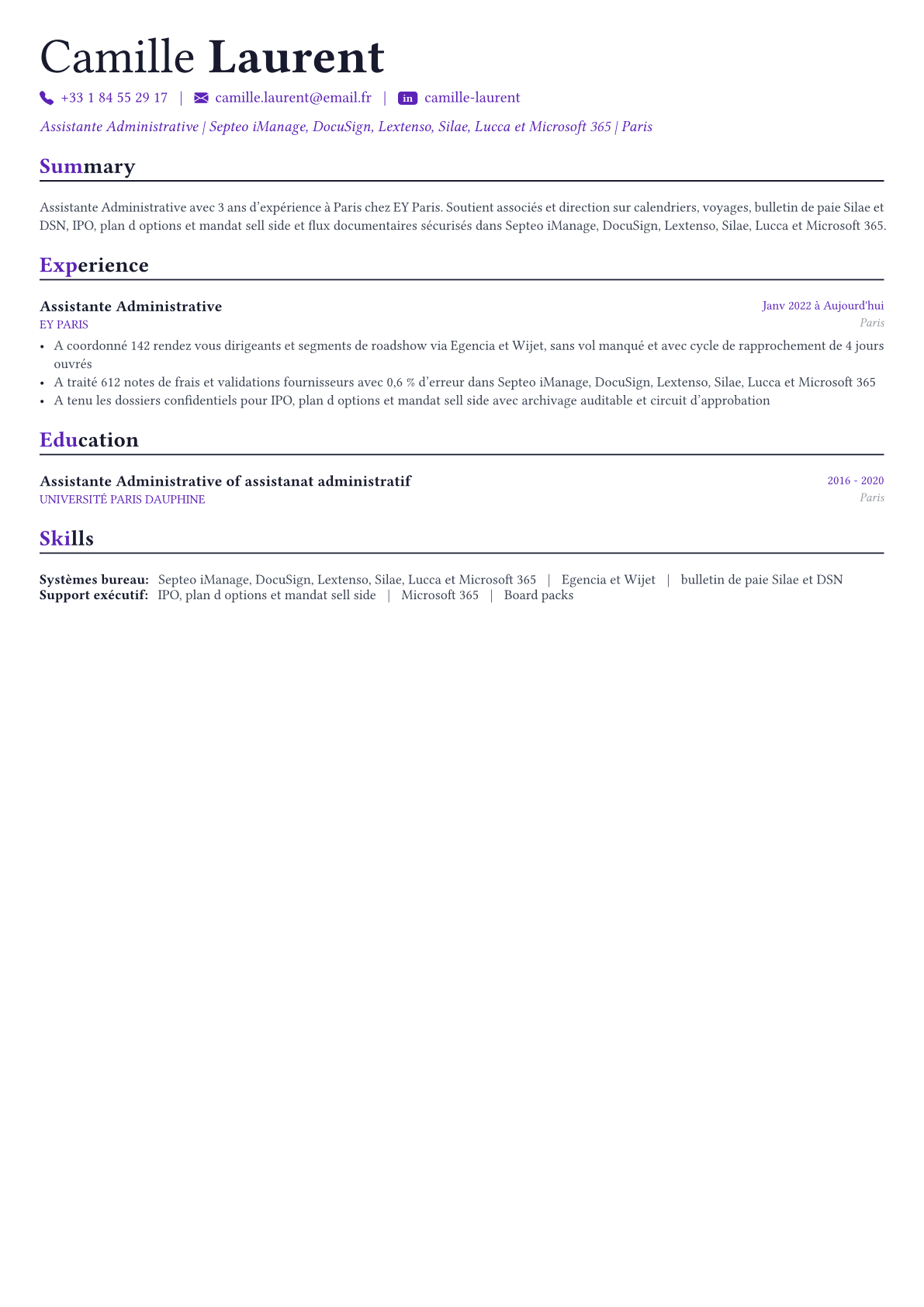 Administrative Assistant exemple de CV