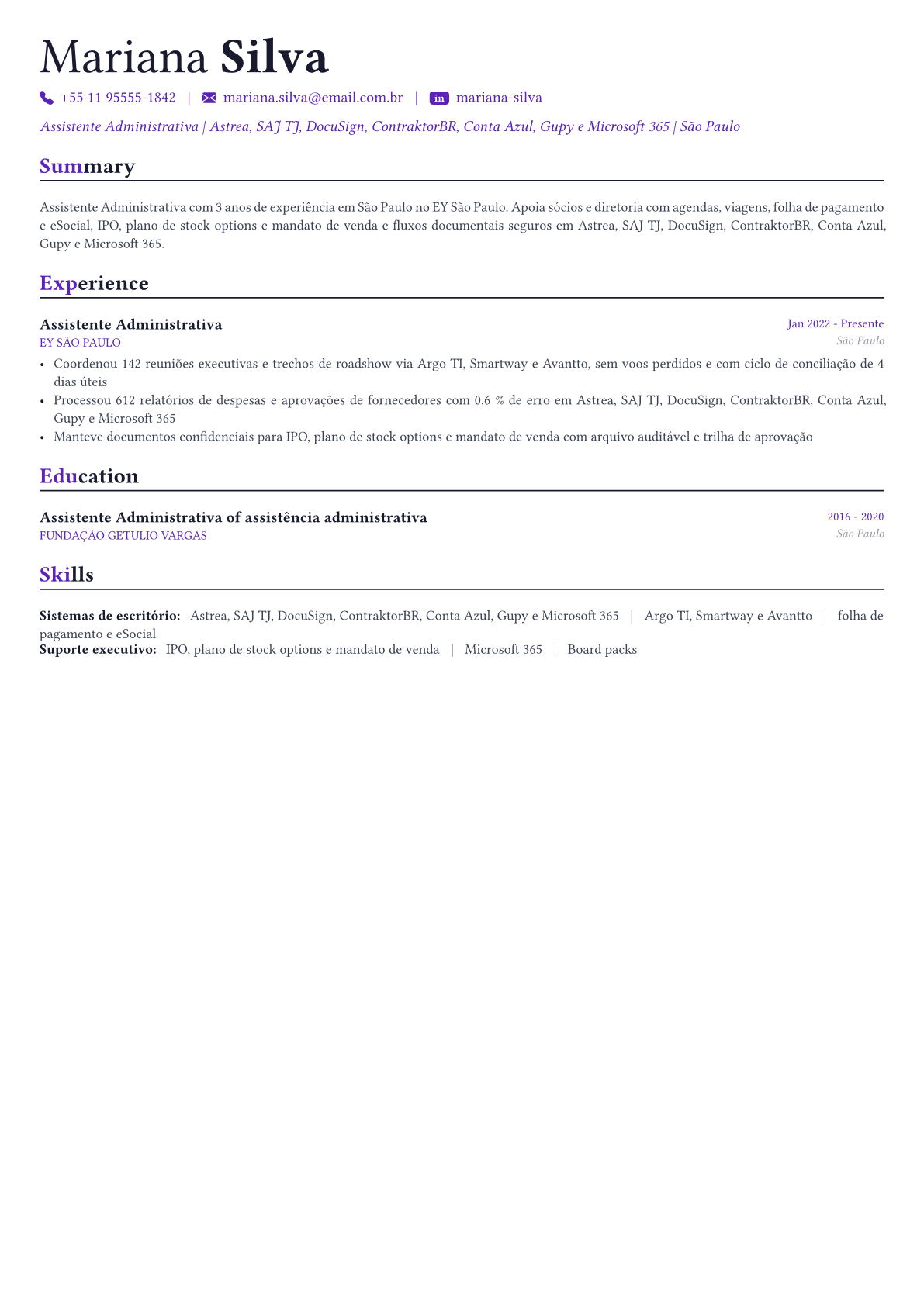 Administrative Assistant exemplo de currículo