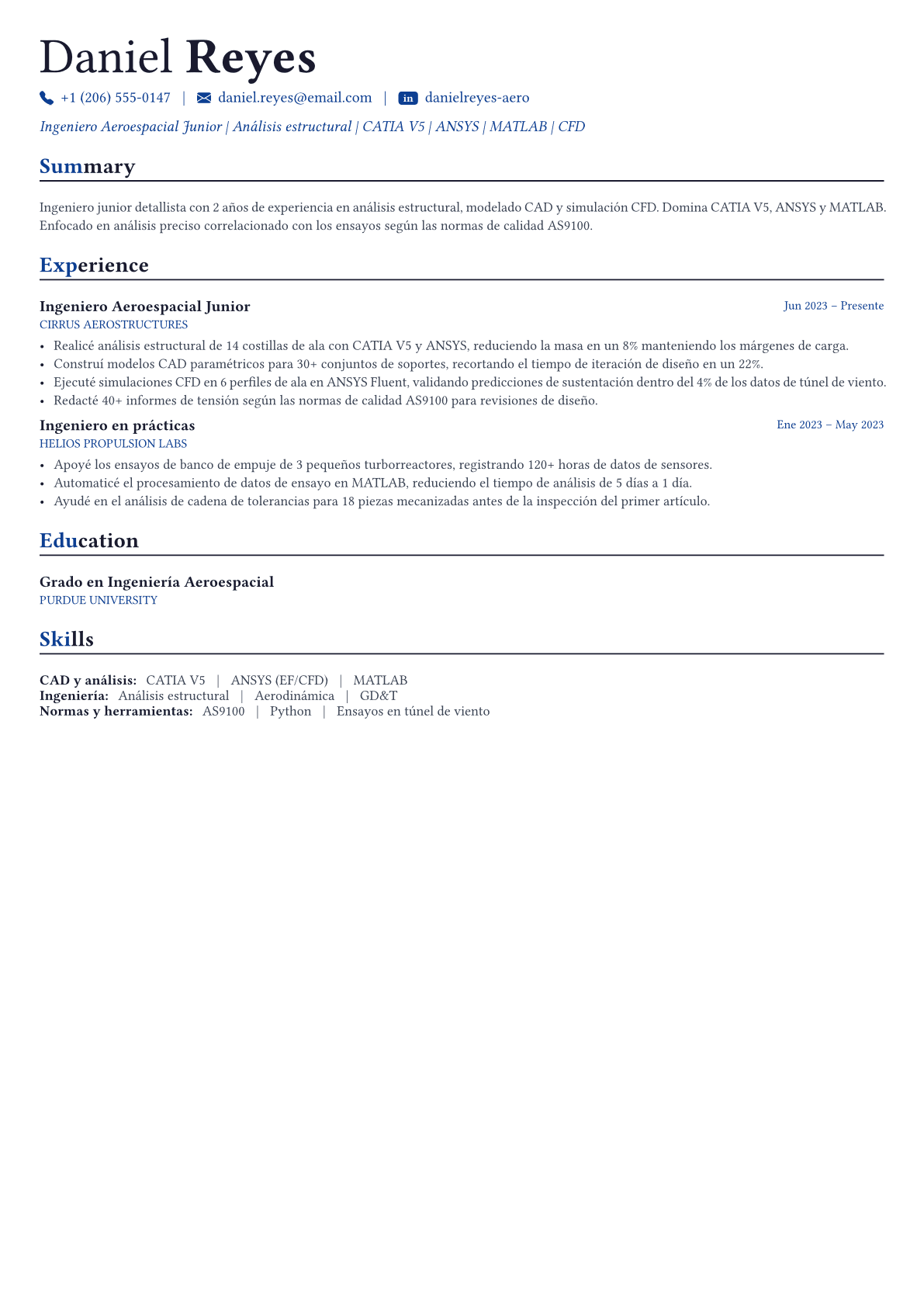 Aerospace Engineer ejemplo de CV
