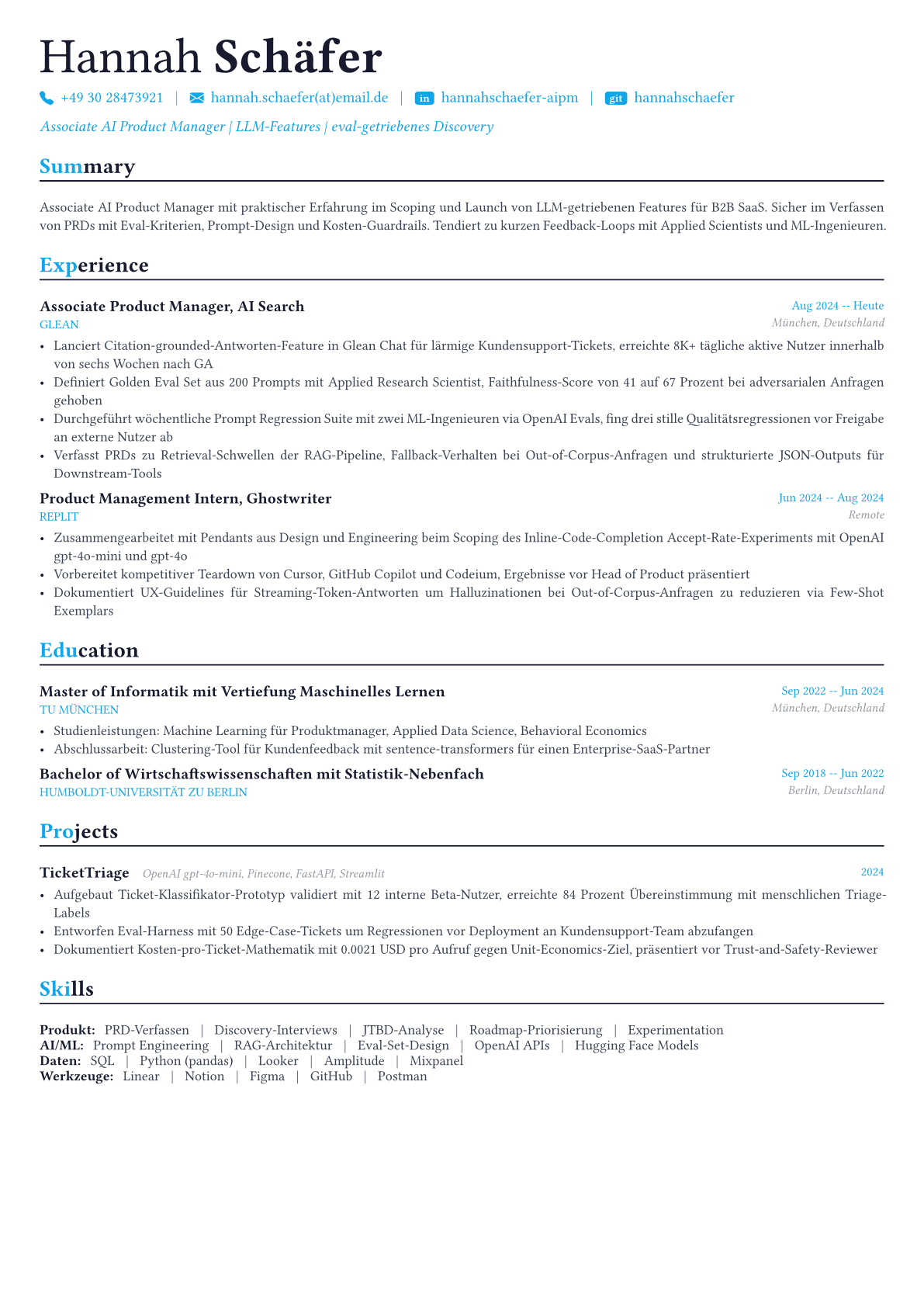 AI Product Manager Lebenslauf-Beispiel