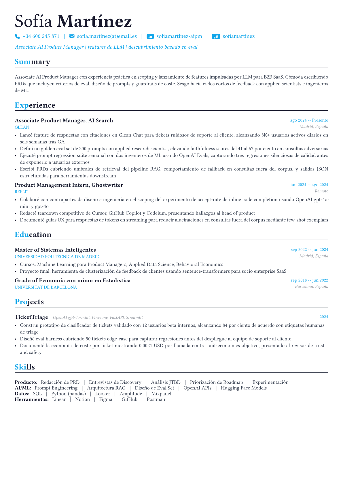 AI Product Manager ejemplo de CV
