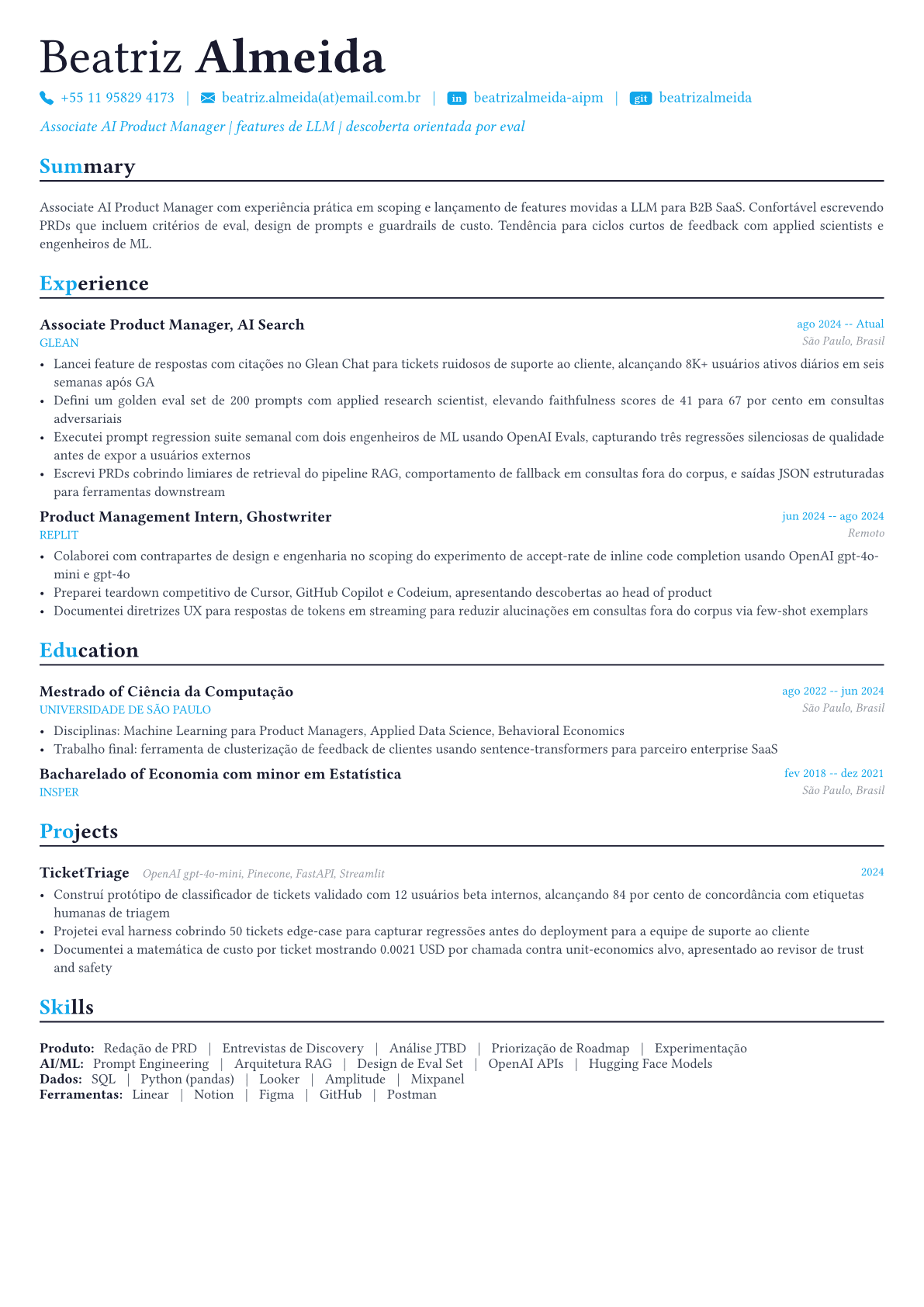 AI Product Manager exemplo de currículo