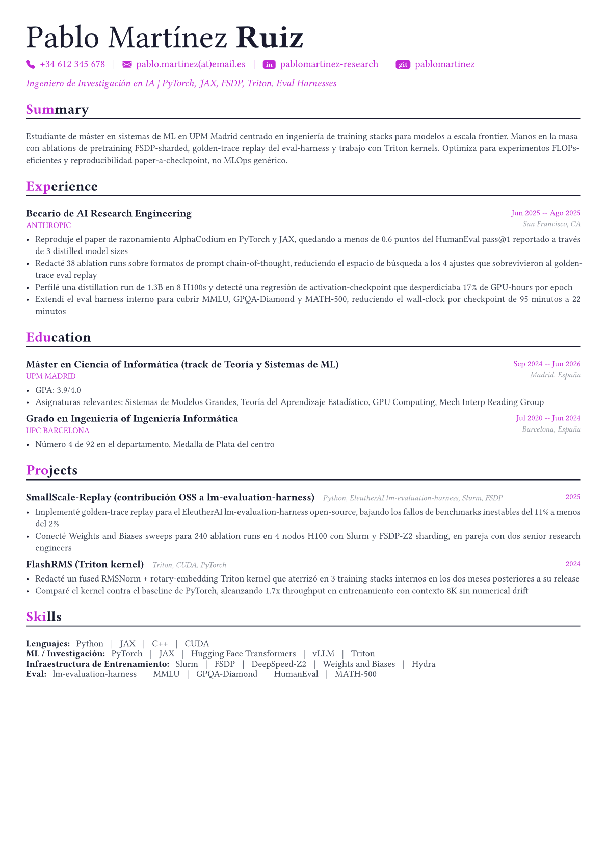 AI Research Engineer ejemplo de CV