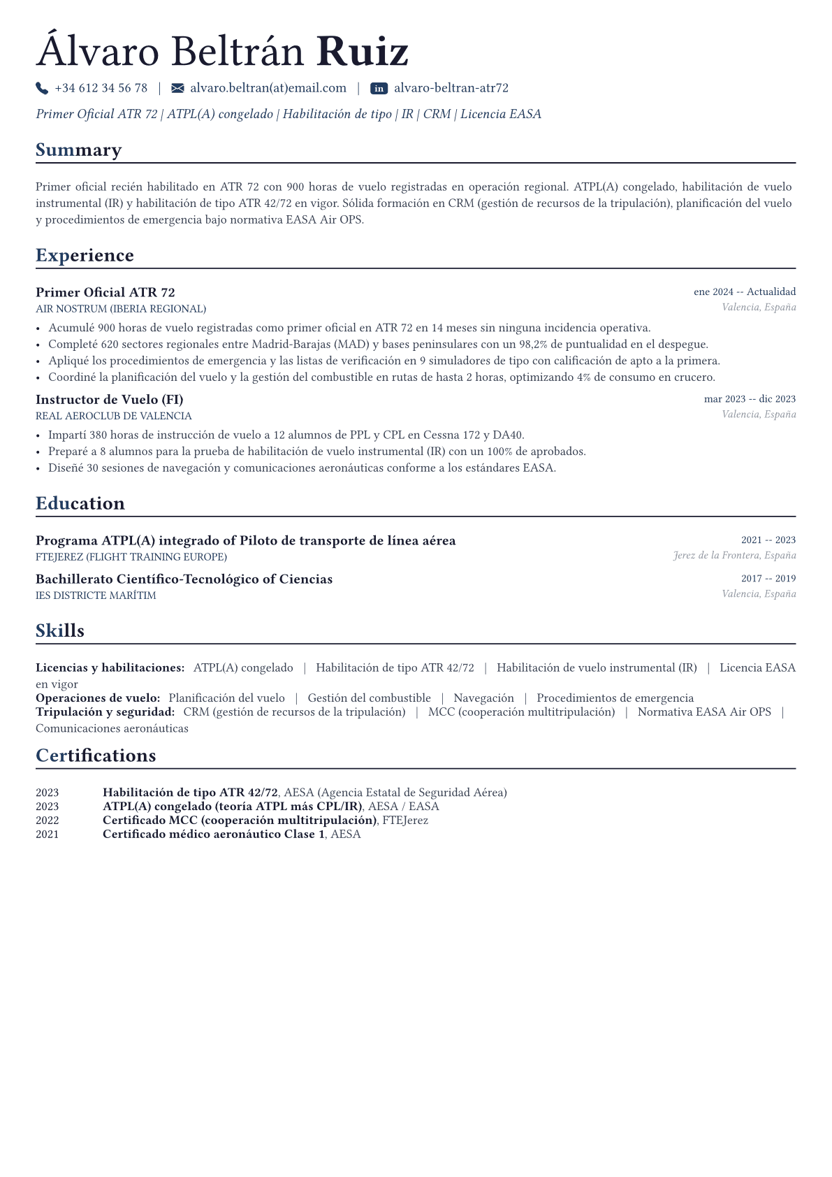 Piloto ejemplo de CV