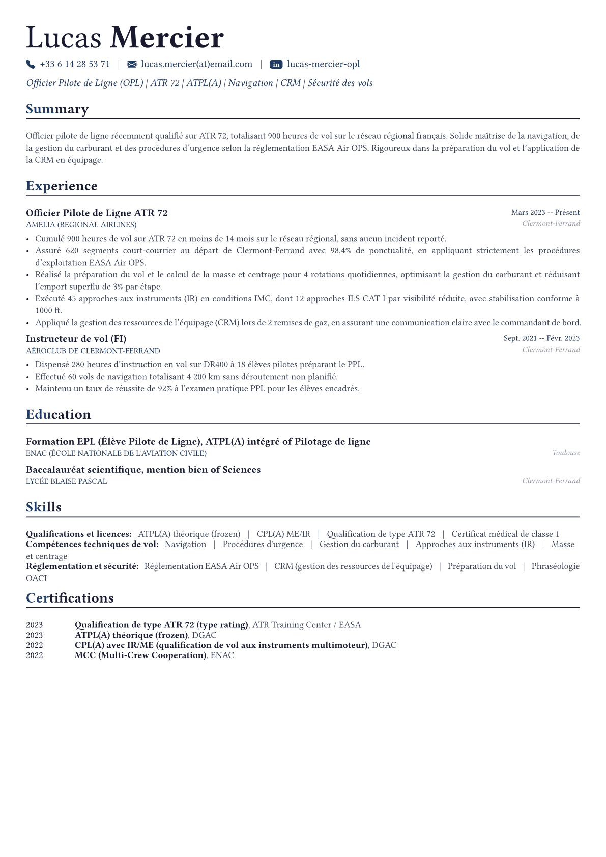 Pilote de ligne exemple de CV