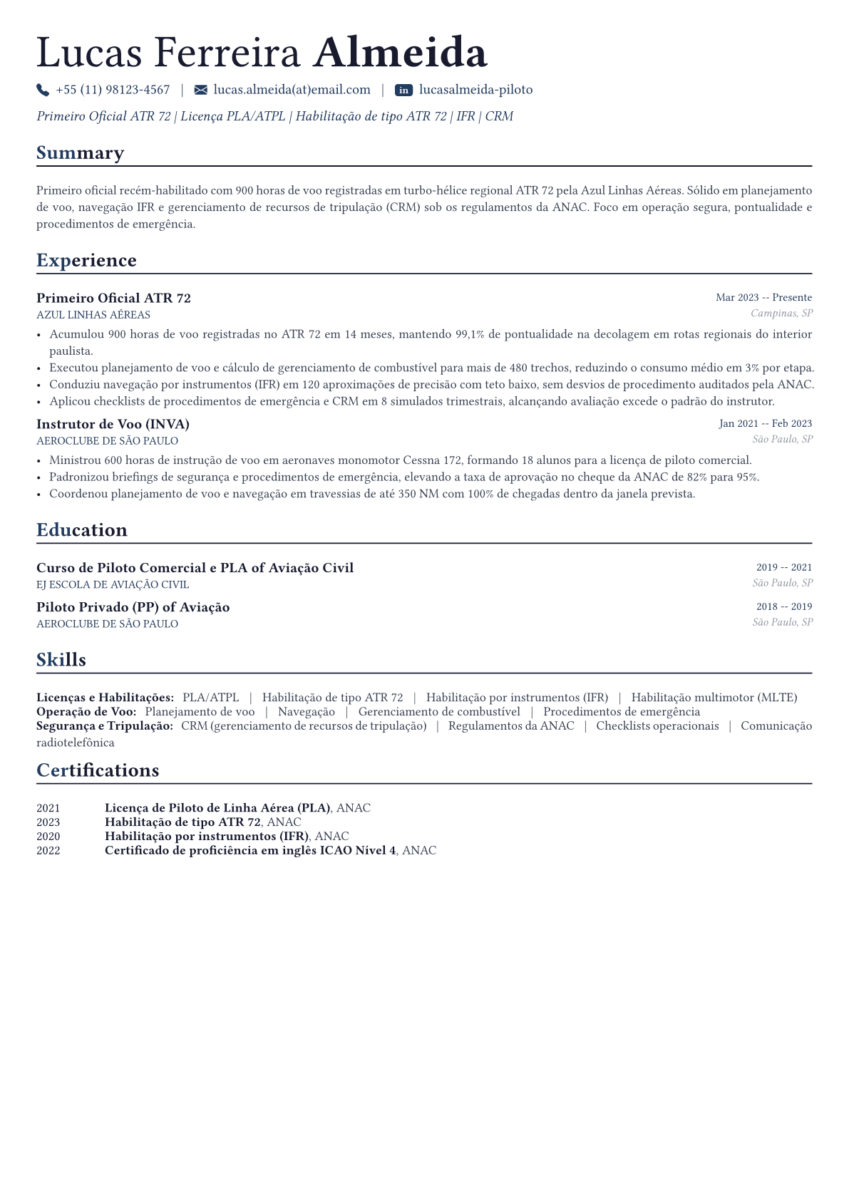 Piloto exemplo de currículo