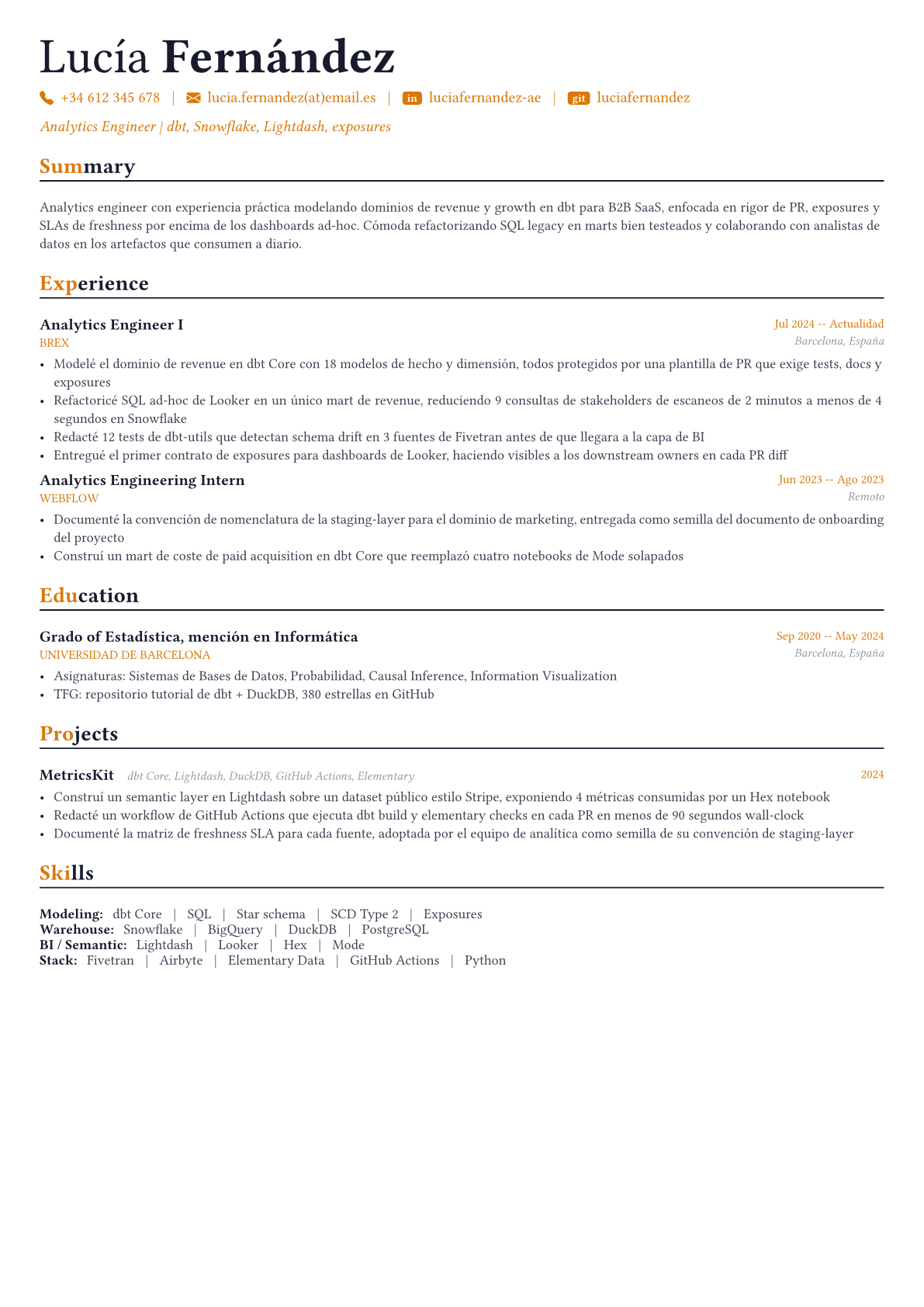 Analytics Engineer ejemplo de CV