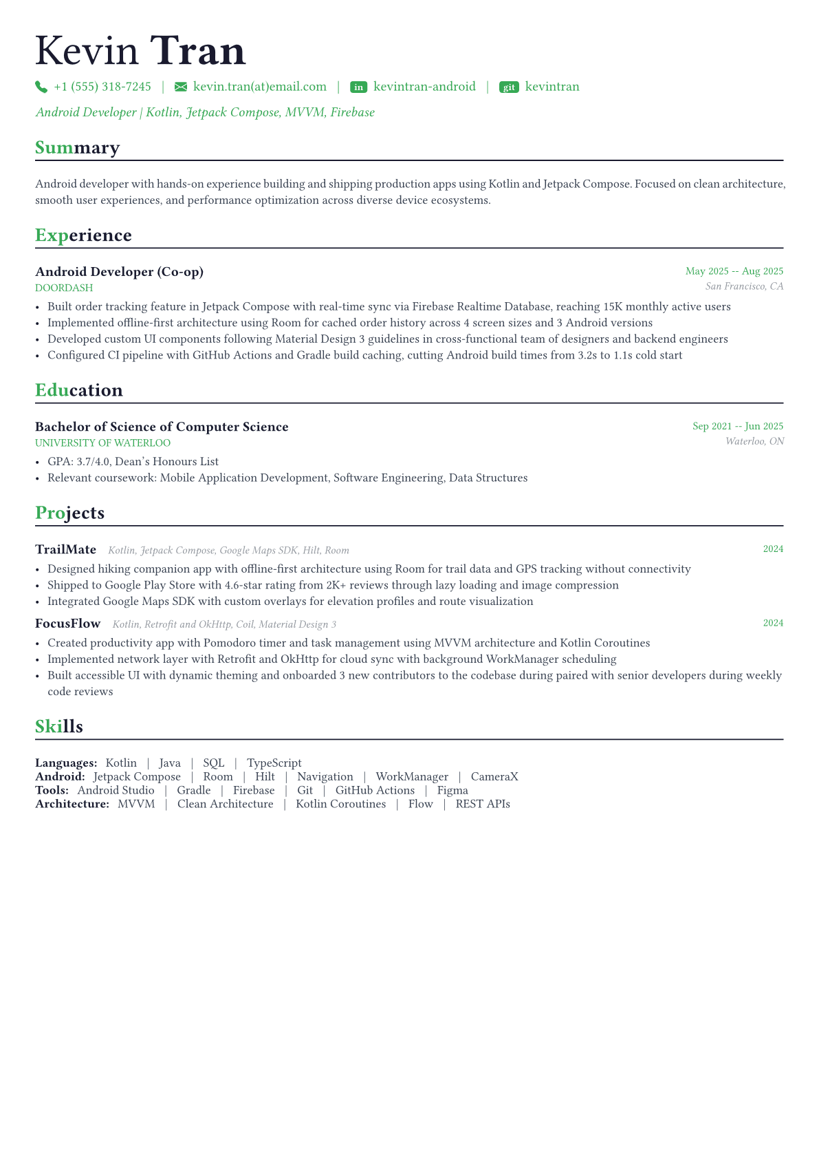 Android Developer resume example