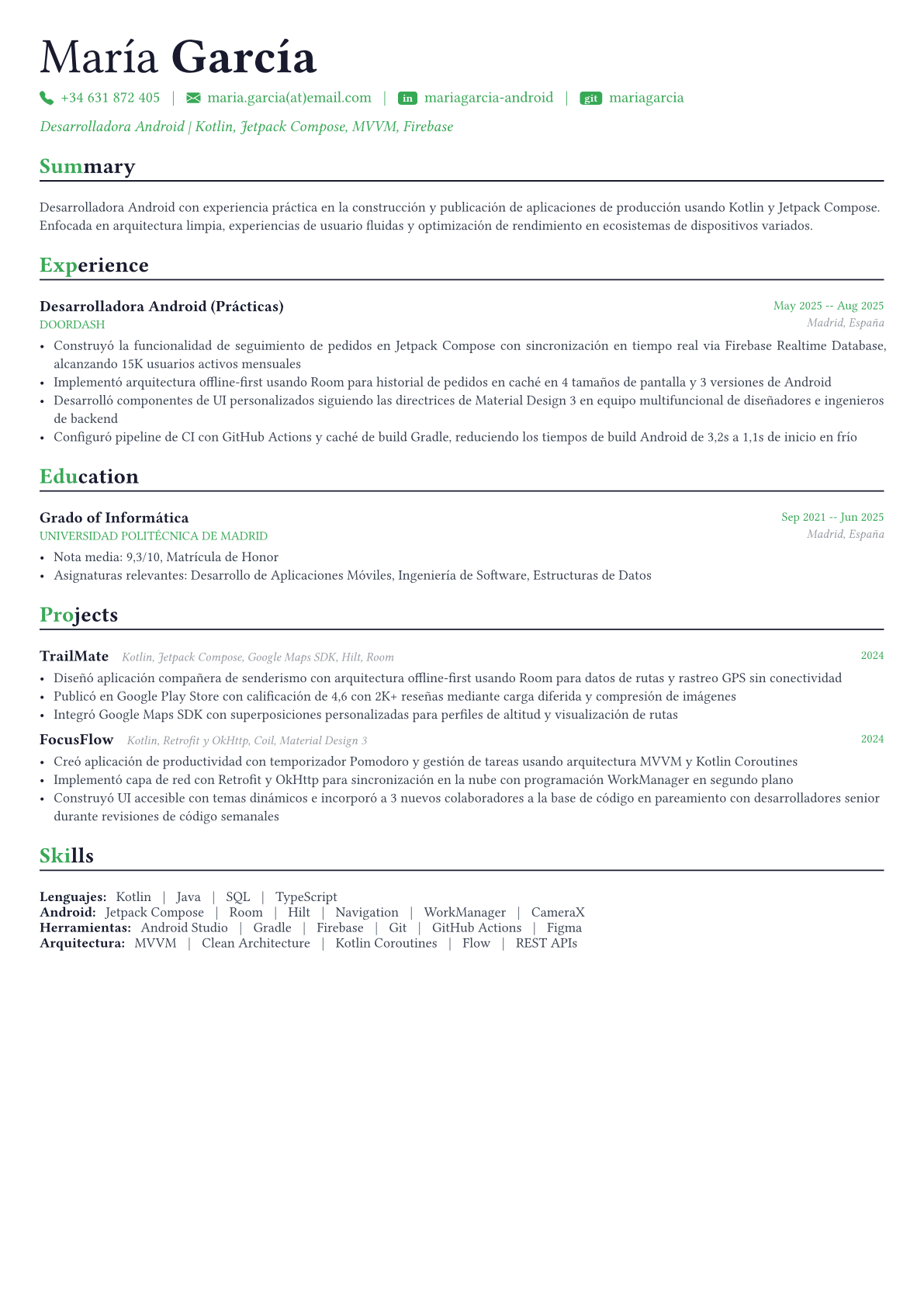Android Developer ejemplo de CV