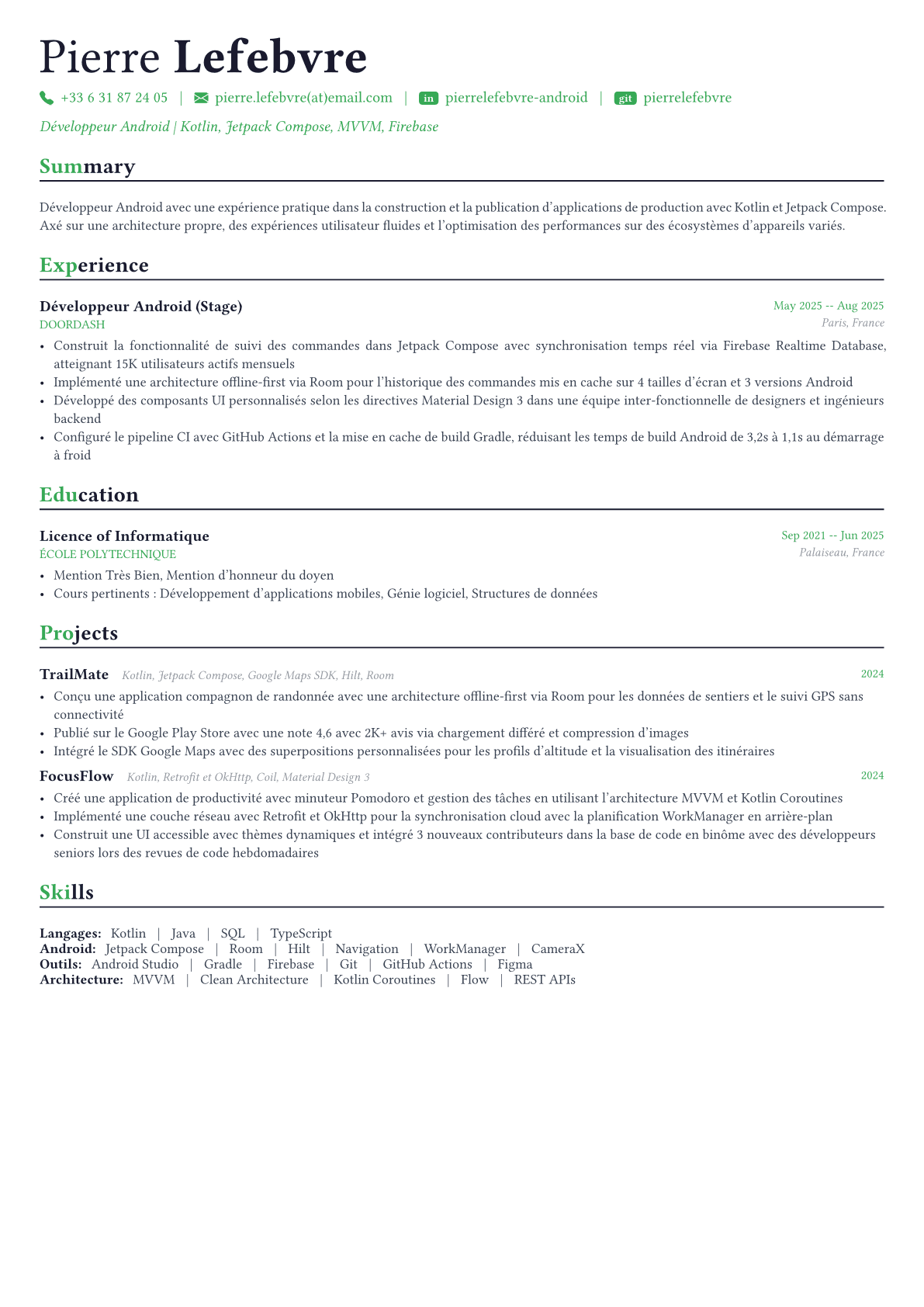 Android Developer exemple de CV