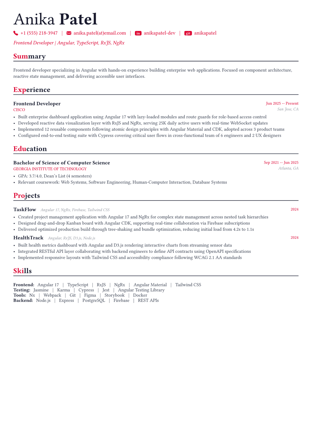 Desarrollador Angular ejemplo de CV