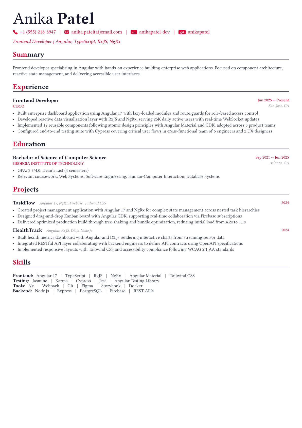 Angular Developer resume example