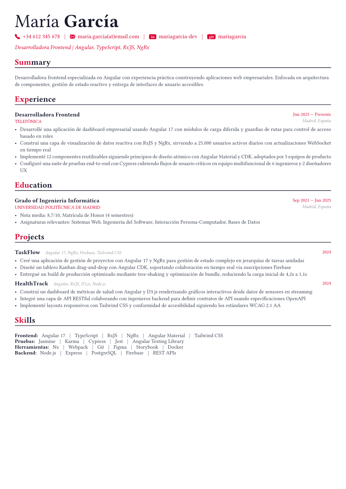 Angular Developer ejemplo de CV