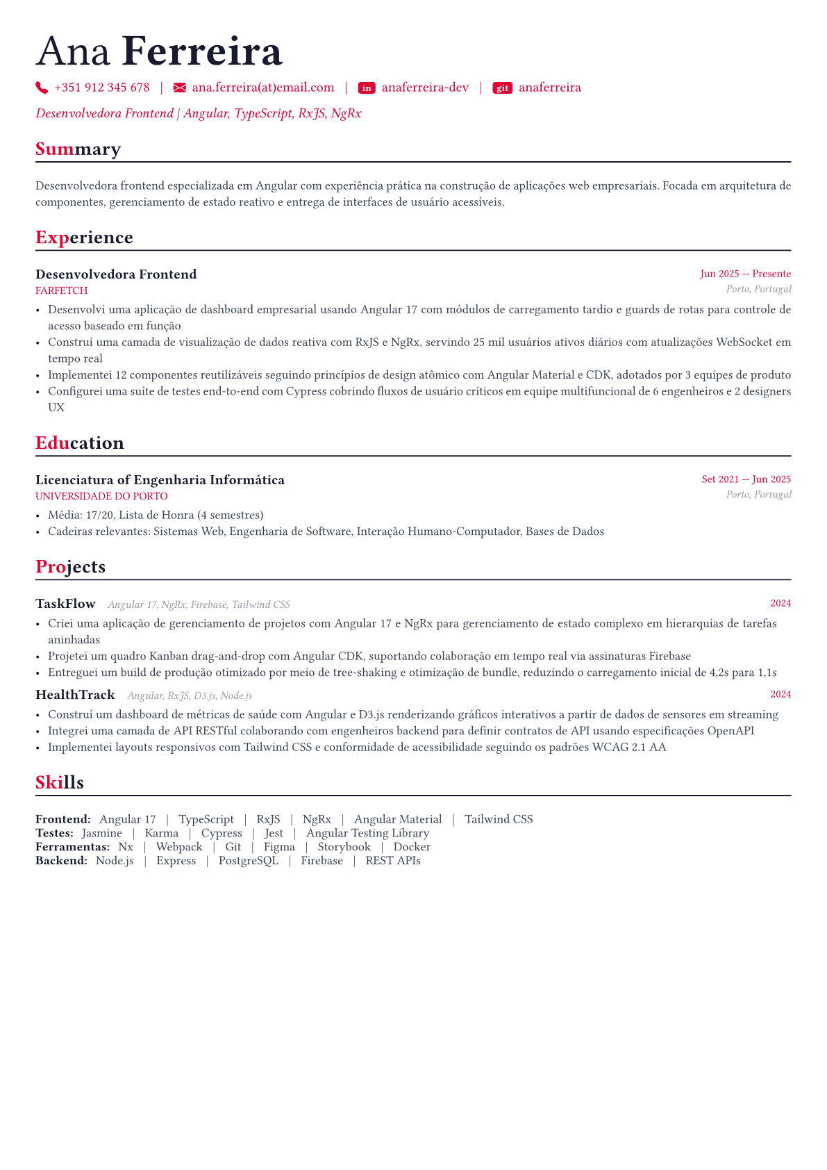 Angular Developer exemplo de currículo