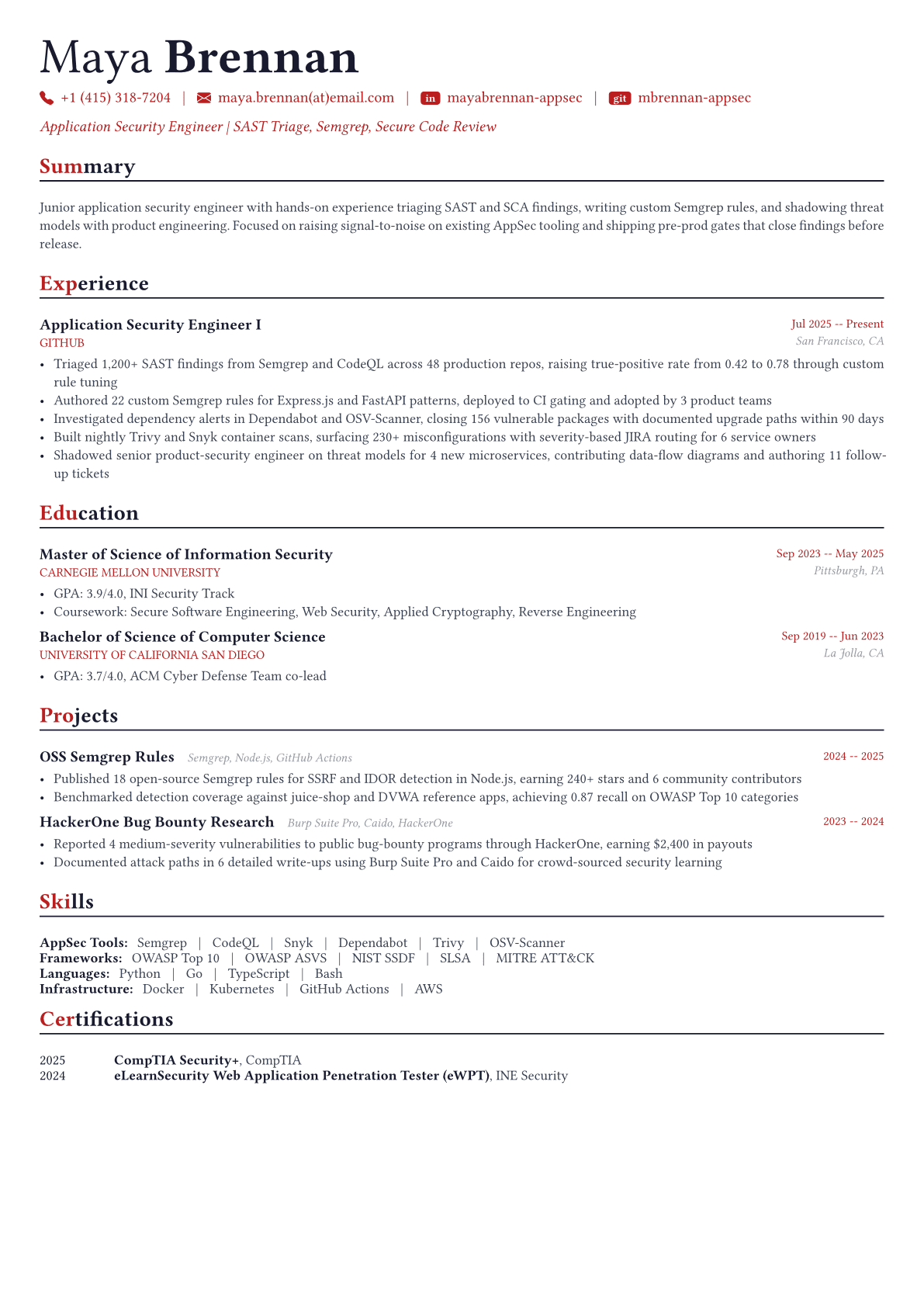 Application Security Engineer resume example