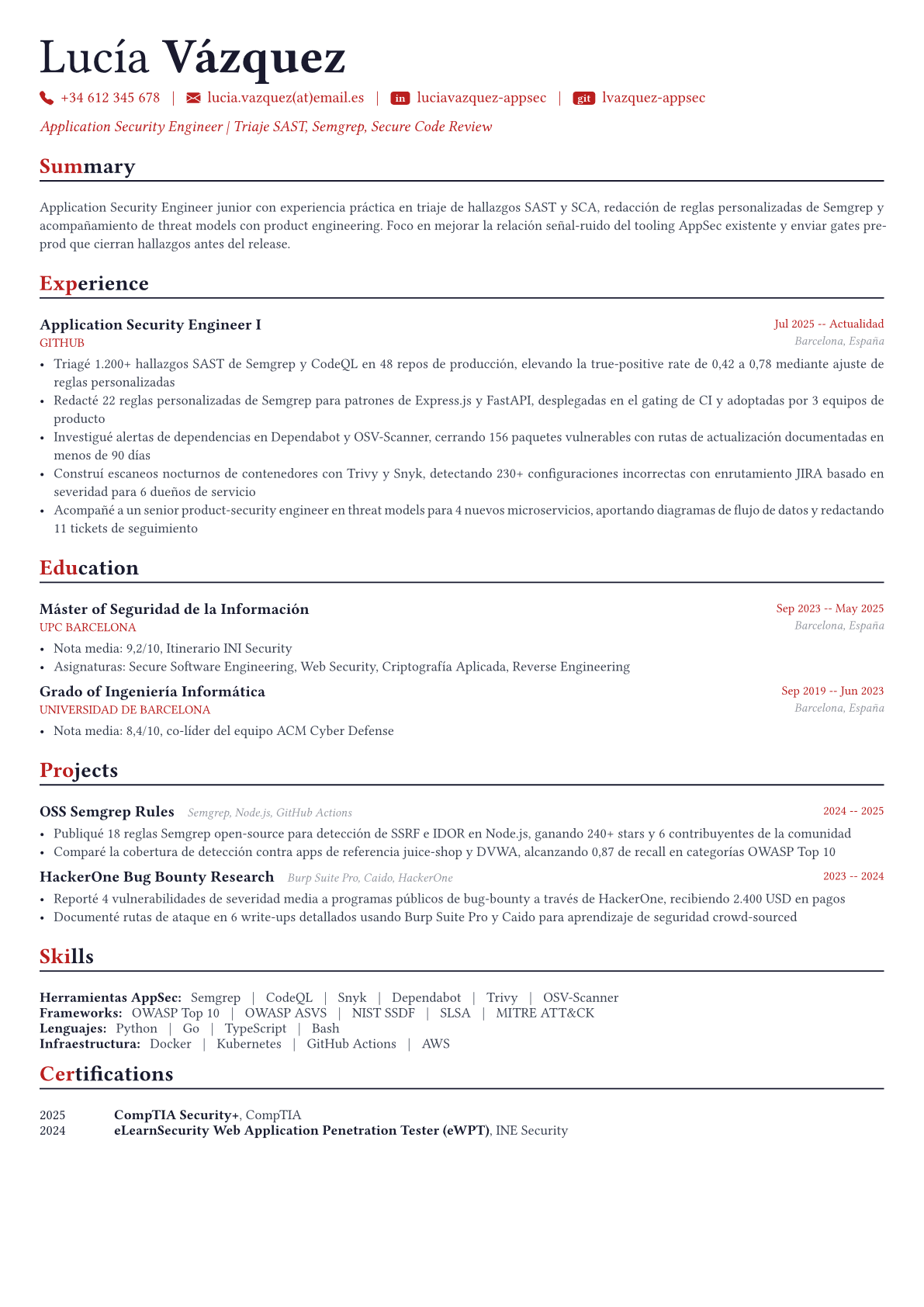Application Security Engineer ejemplo de CV