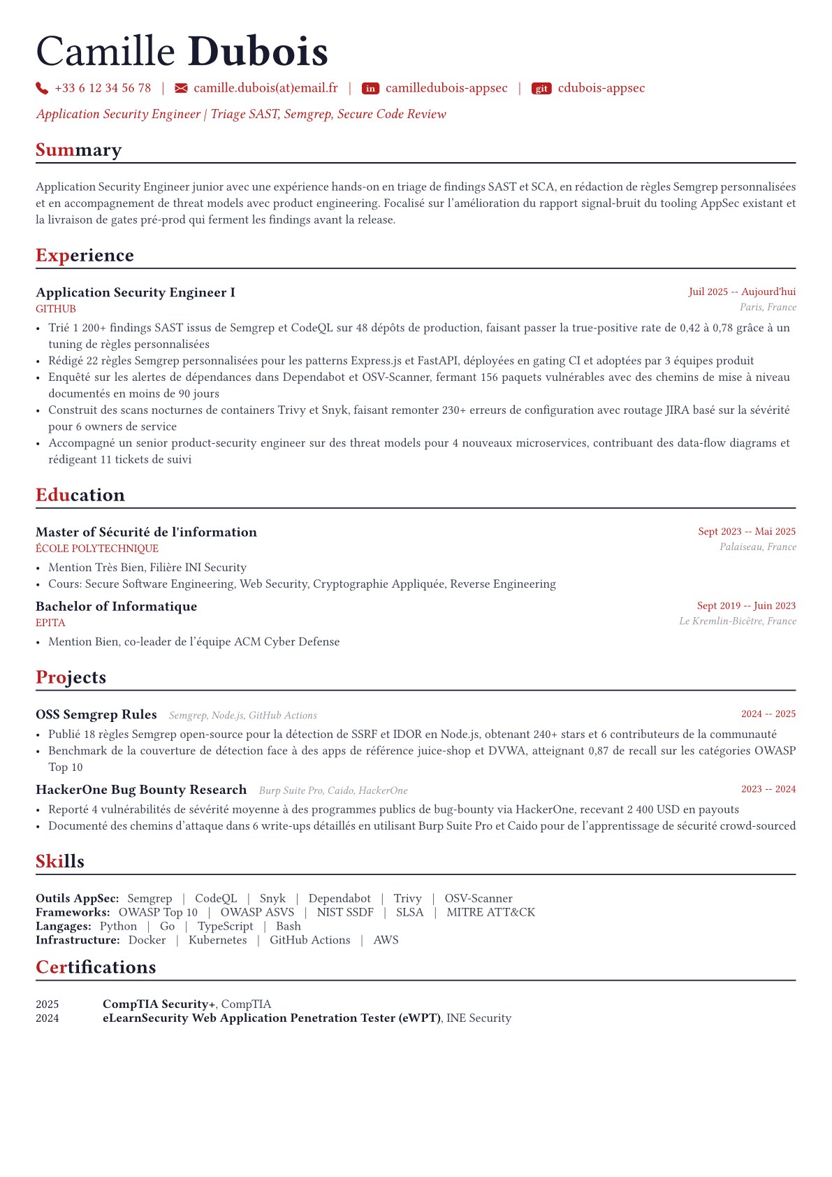 Application Security Engineer exemple de CV