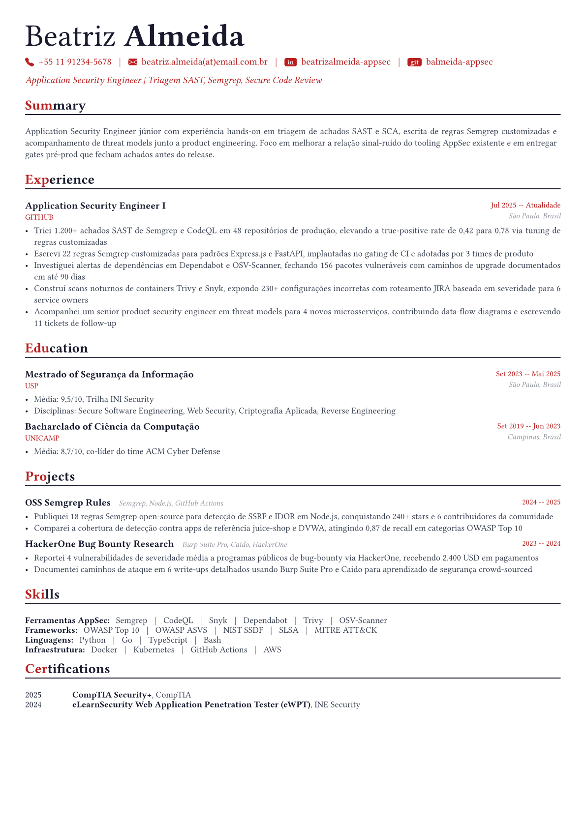 Application Security Engineer exemplo de currículo