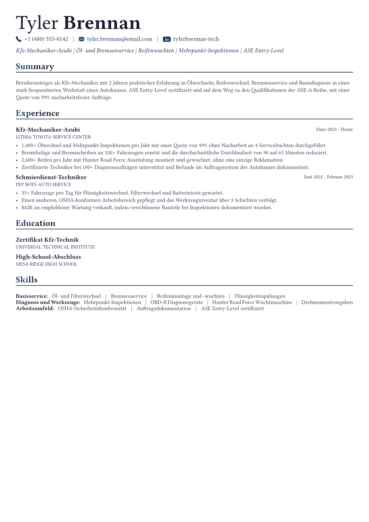 Auto Mechanic Lebenslauf-Beispiel
