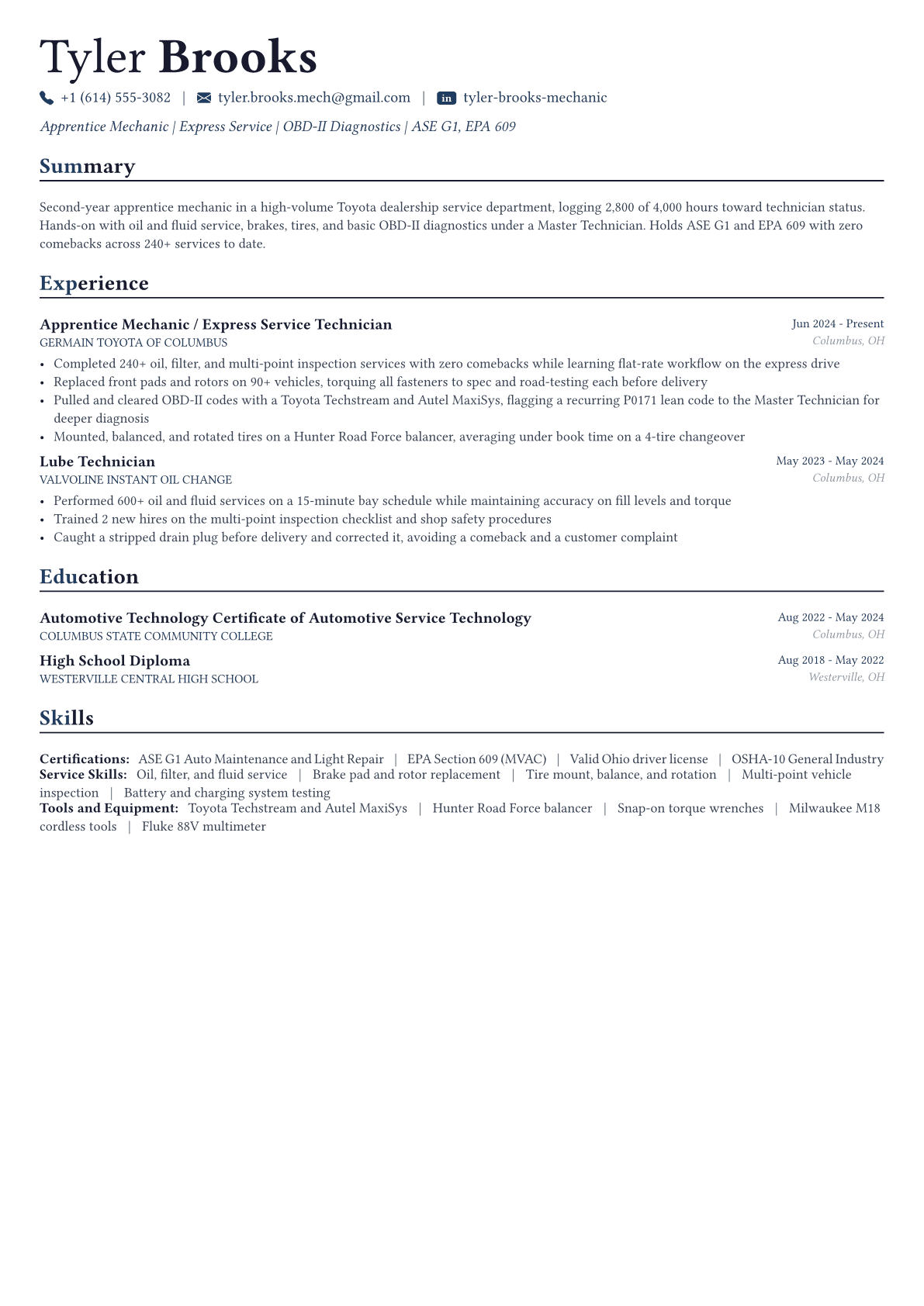 Auto Mechanic resume example