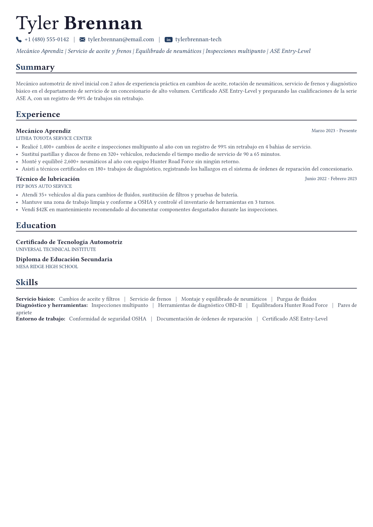 Auto Mechanic ejemplo de CV