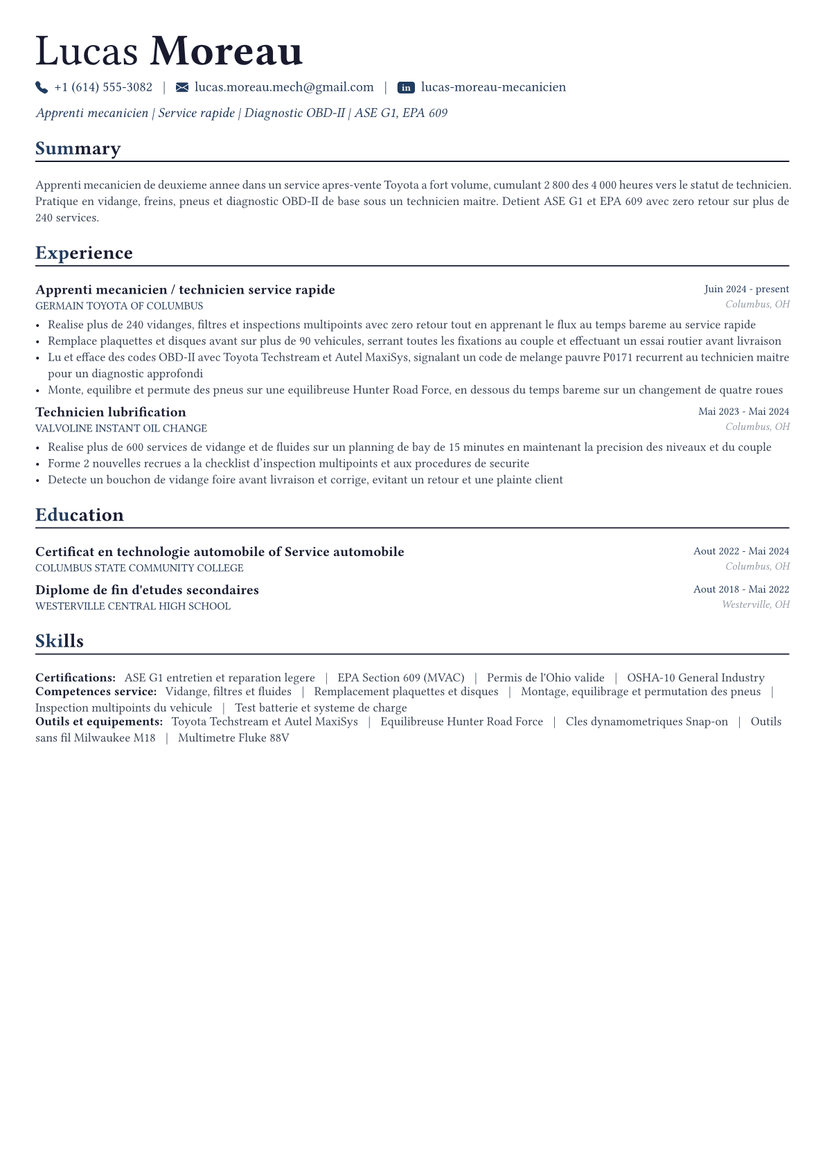 Auto Mechanic exemple de CV