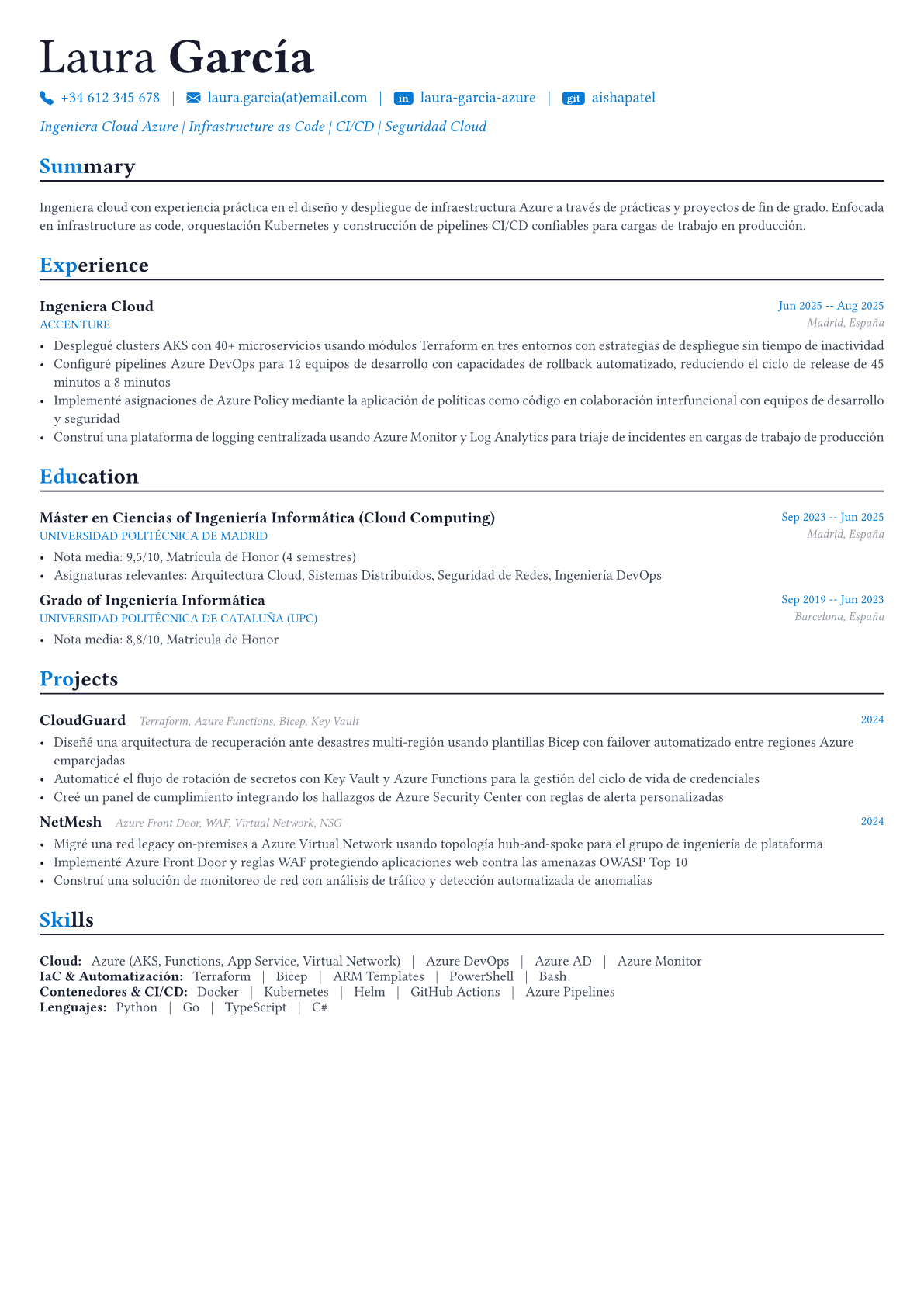 Azure Engineer ejemplo de CV
