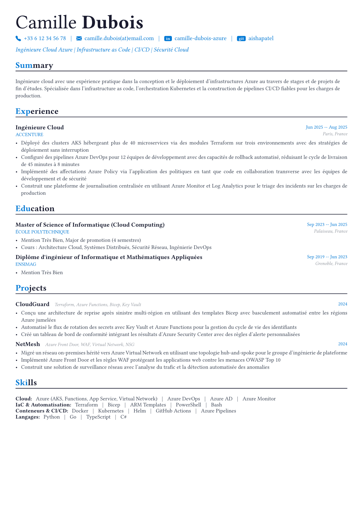 Azure Engineer exemple de CV