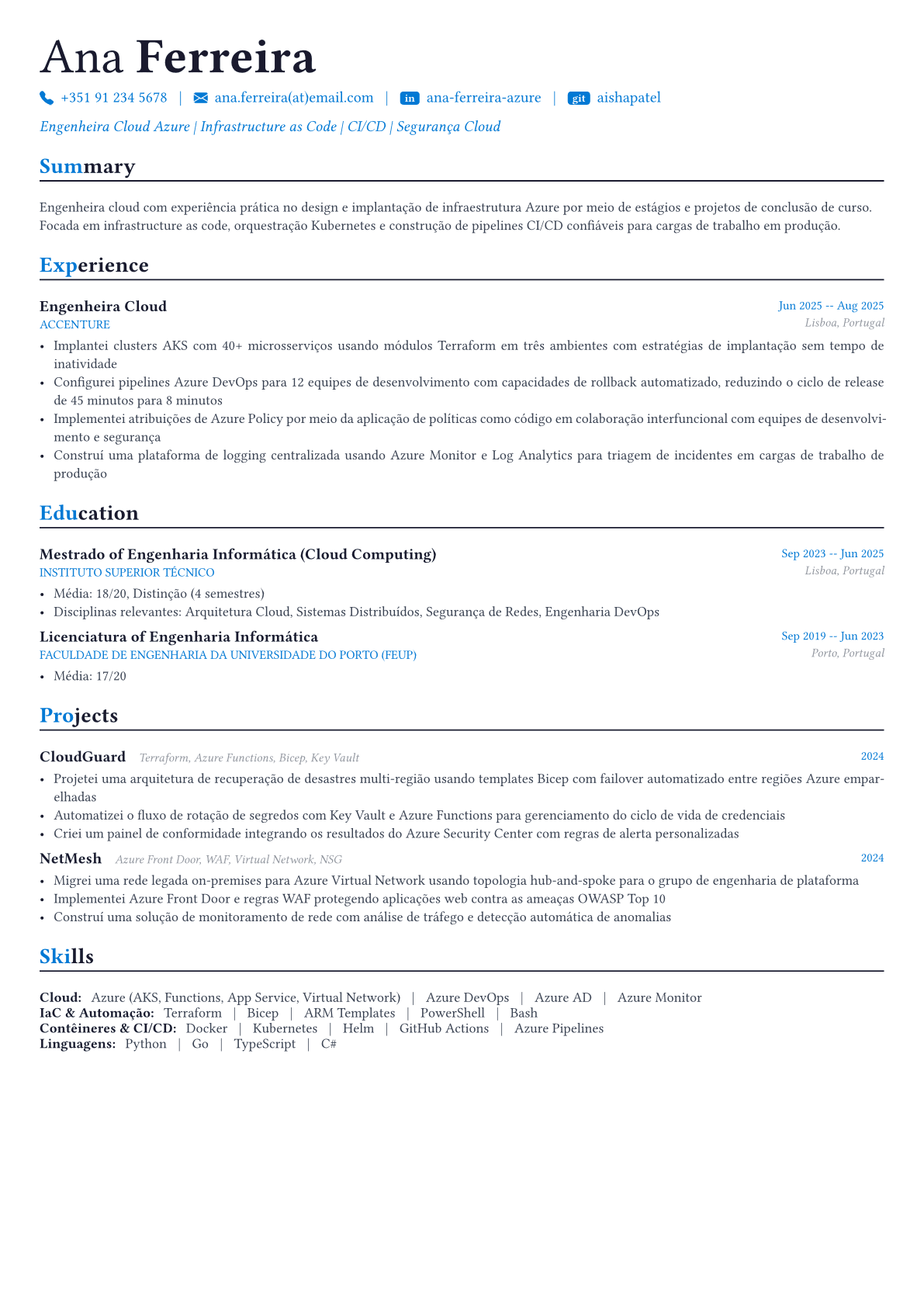 Azure Engineer exemplo de currículo