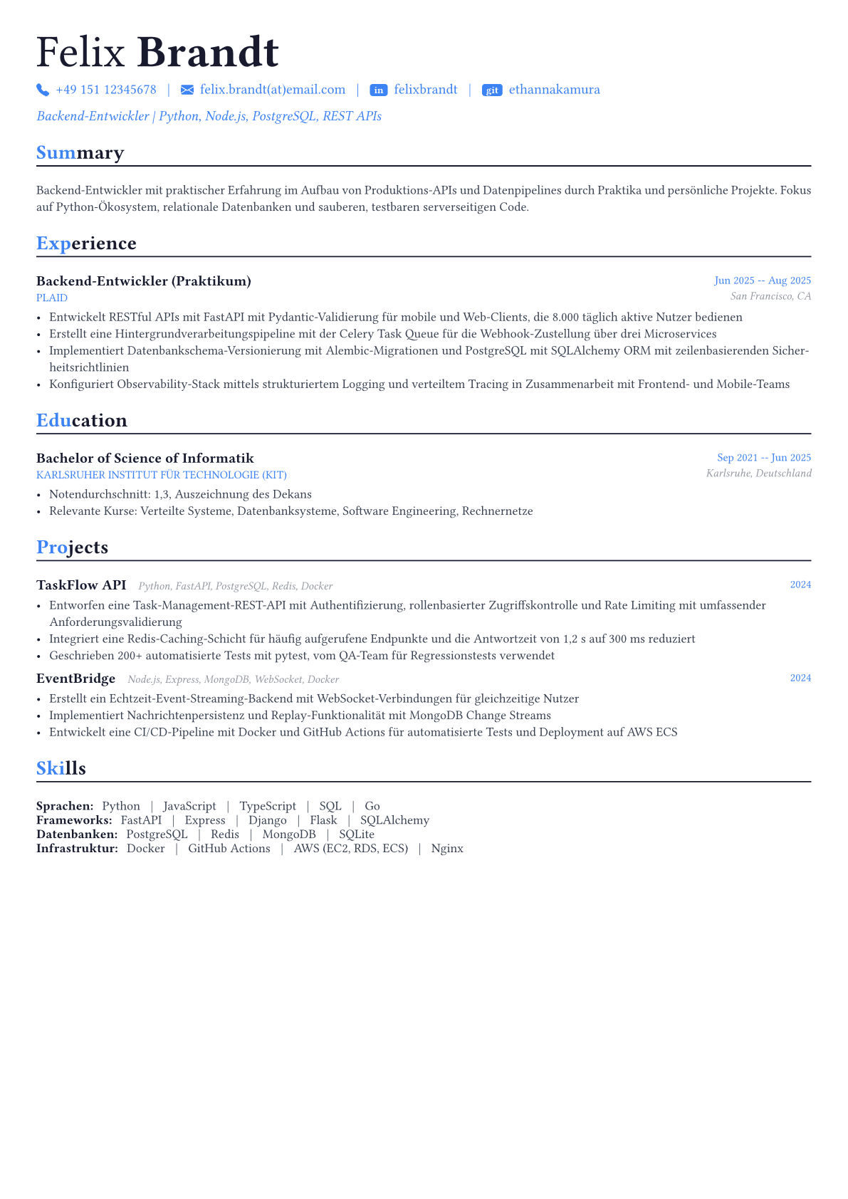 Backend Developer Lebenslauf-Beispiel