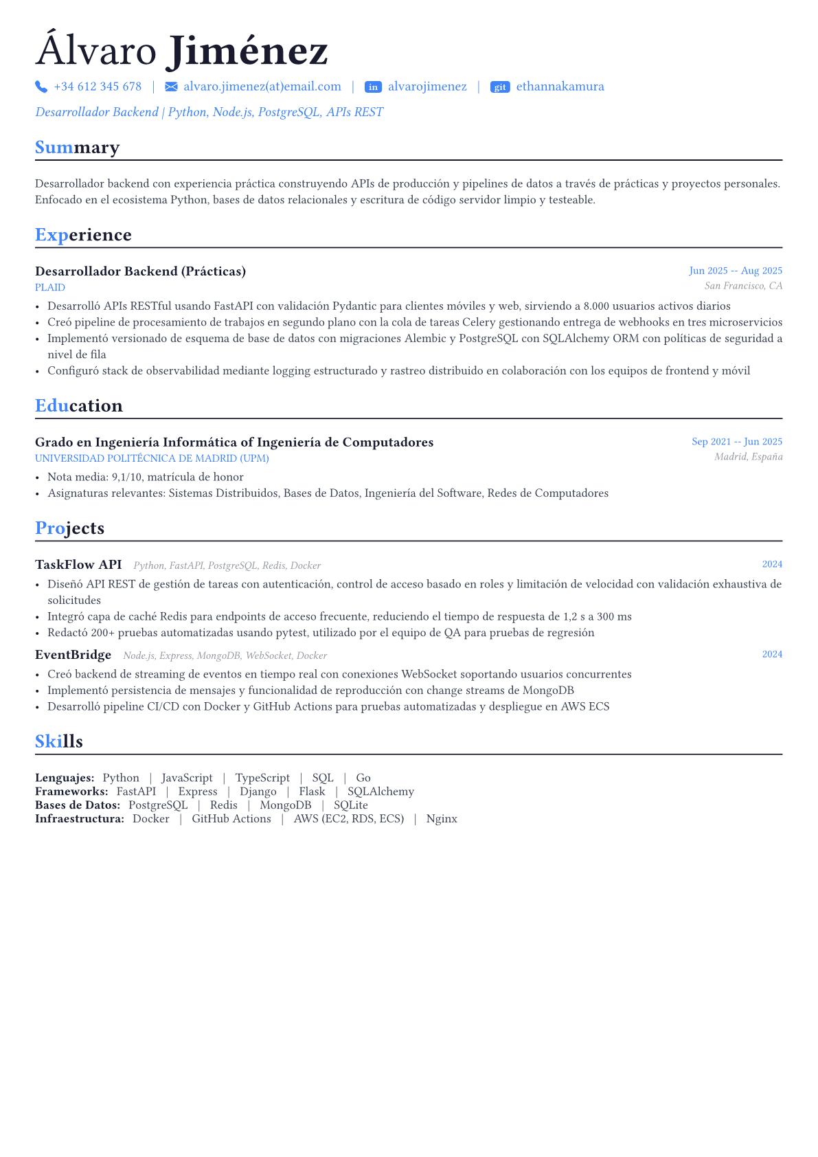 Backend Developer ejemplo de CV