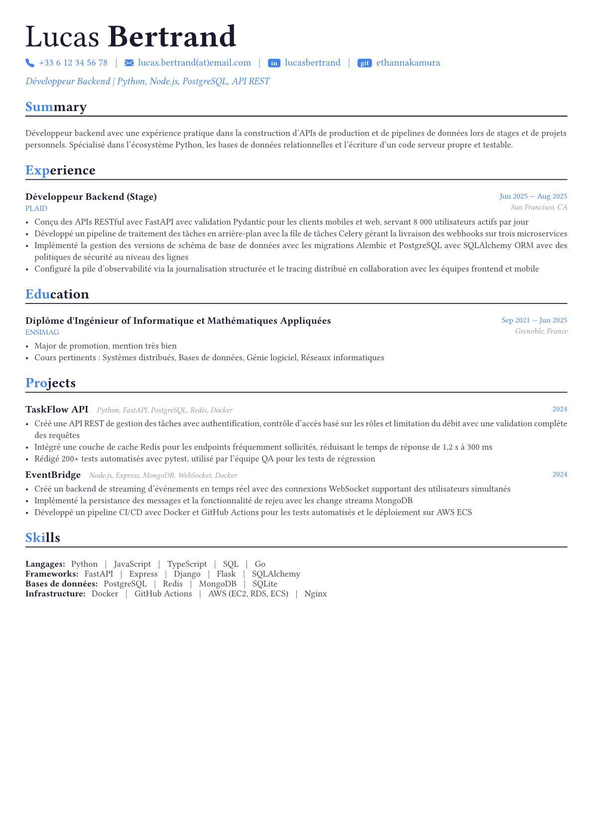Backend Developer exemple de CV