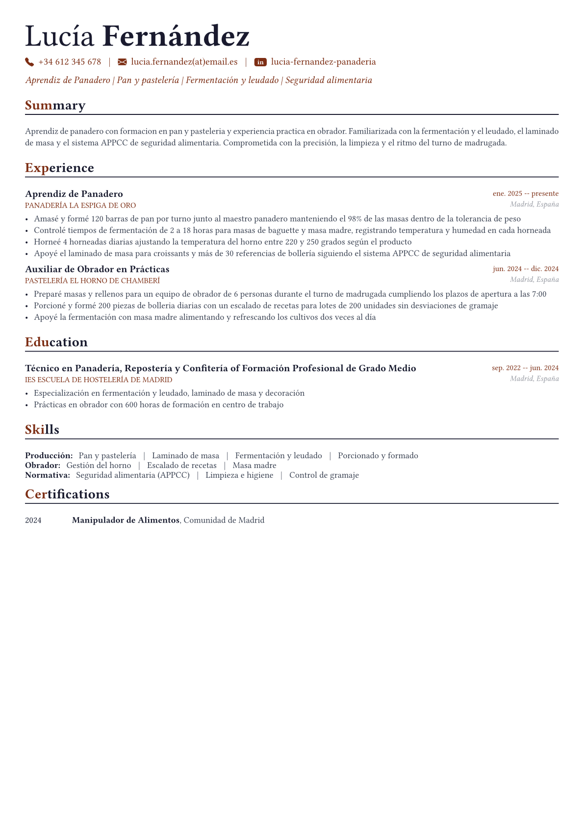 Panadero ejemplo de CV