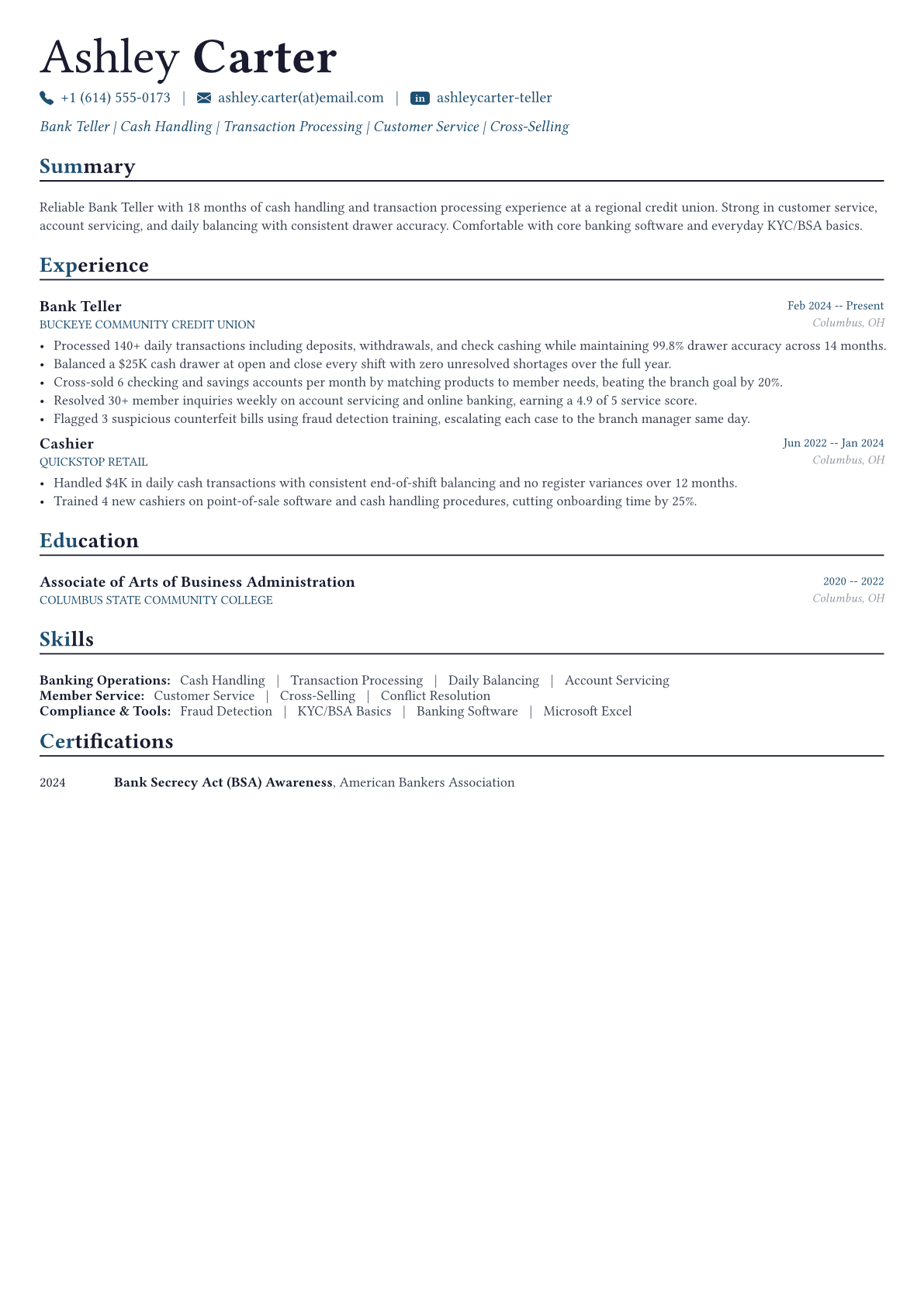 Bank Teller resume example