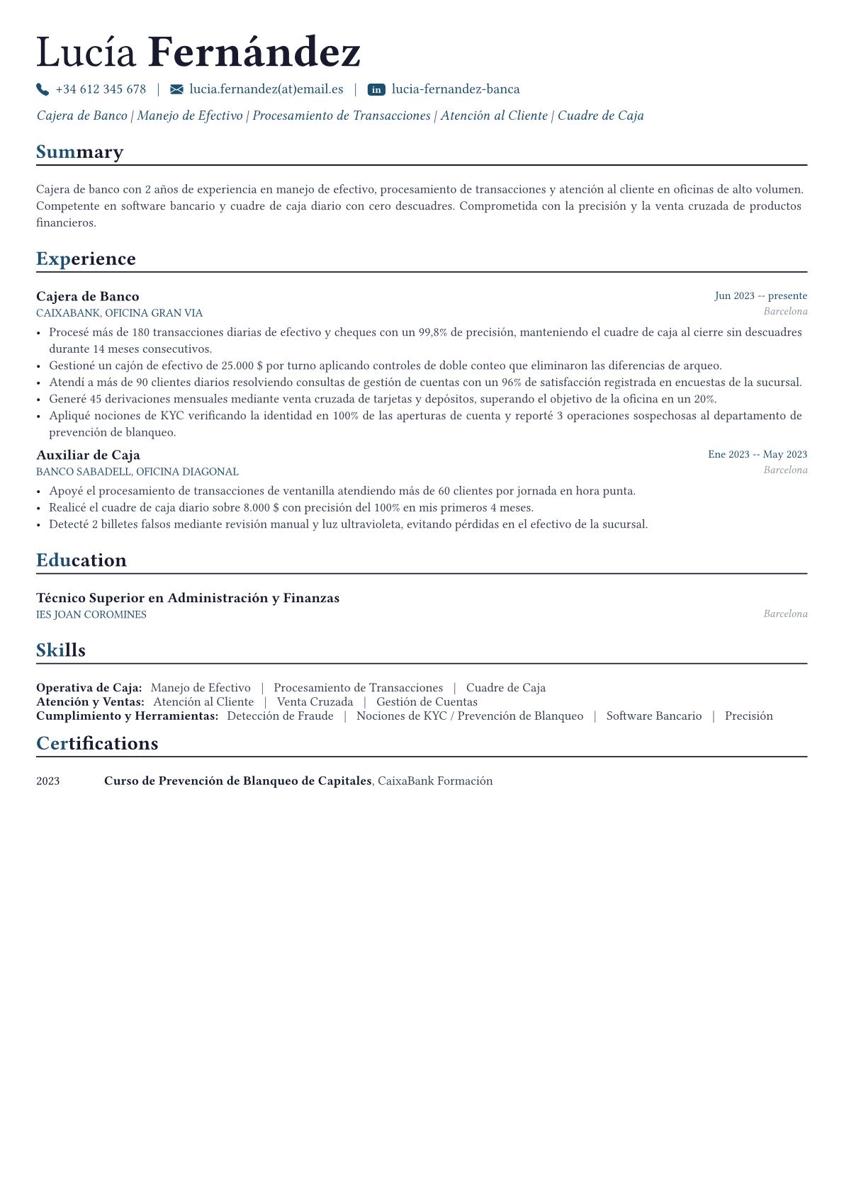 Cajero de Banco ejemplo de CV