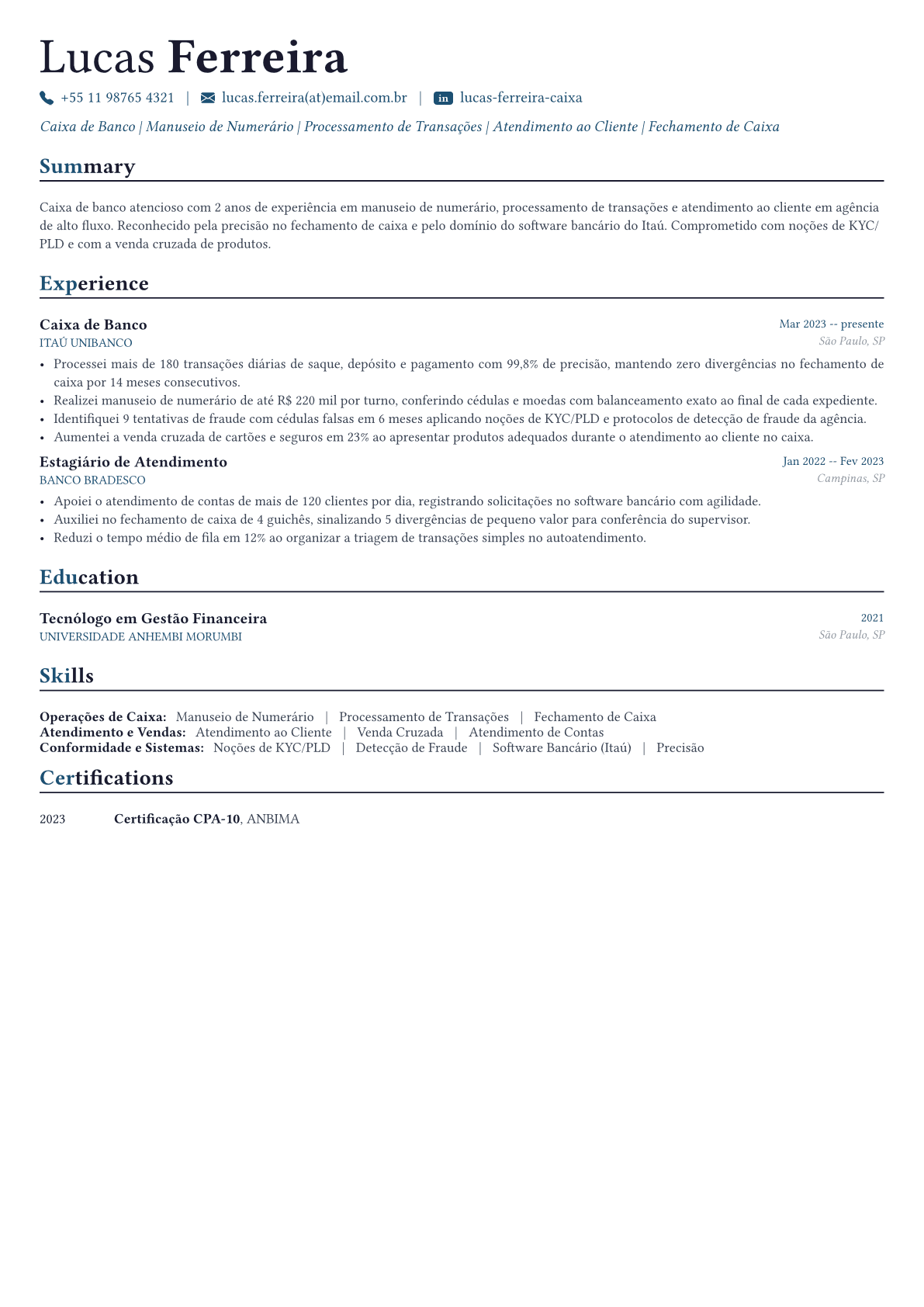 Caixa de Banco exemplo de currículo