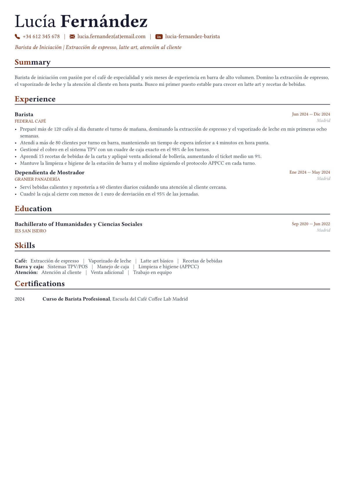 Barista ejemplo de CV