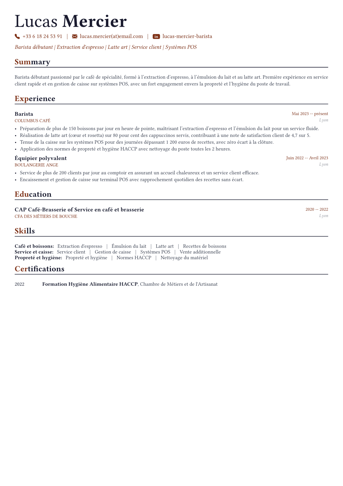 Barista exemple de CV