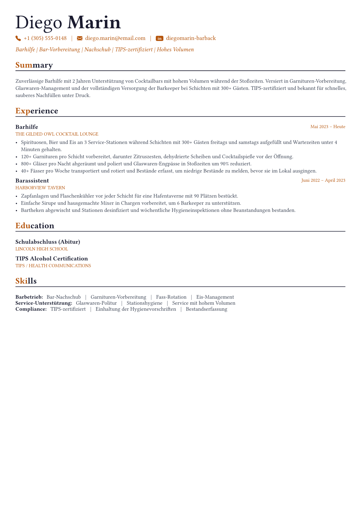 Bartender Lebenslauf-Beispiel