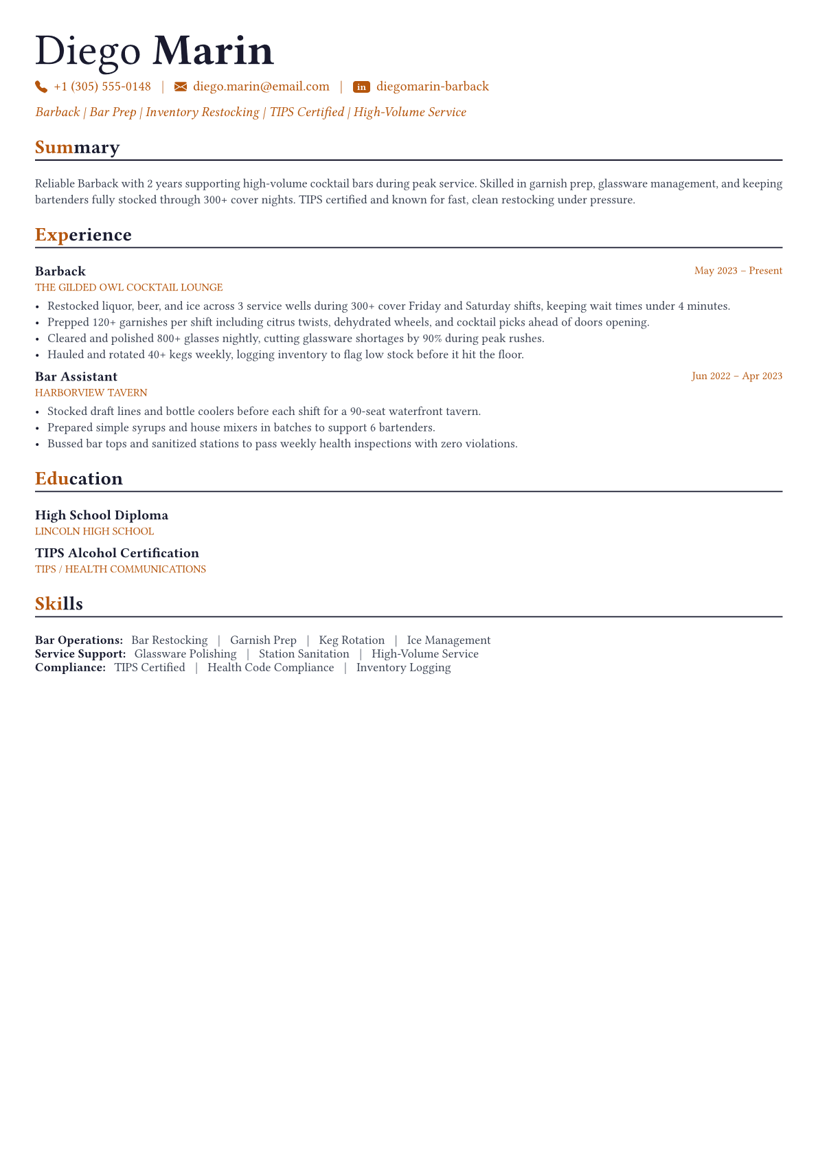 Bartender resume example