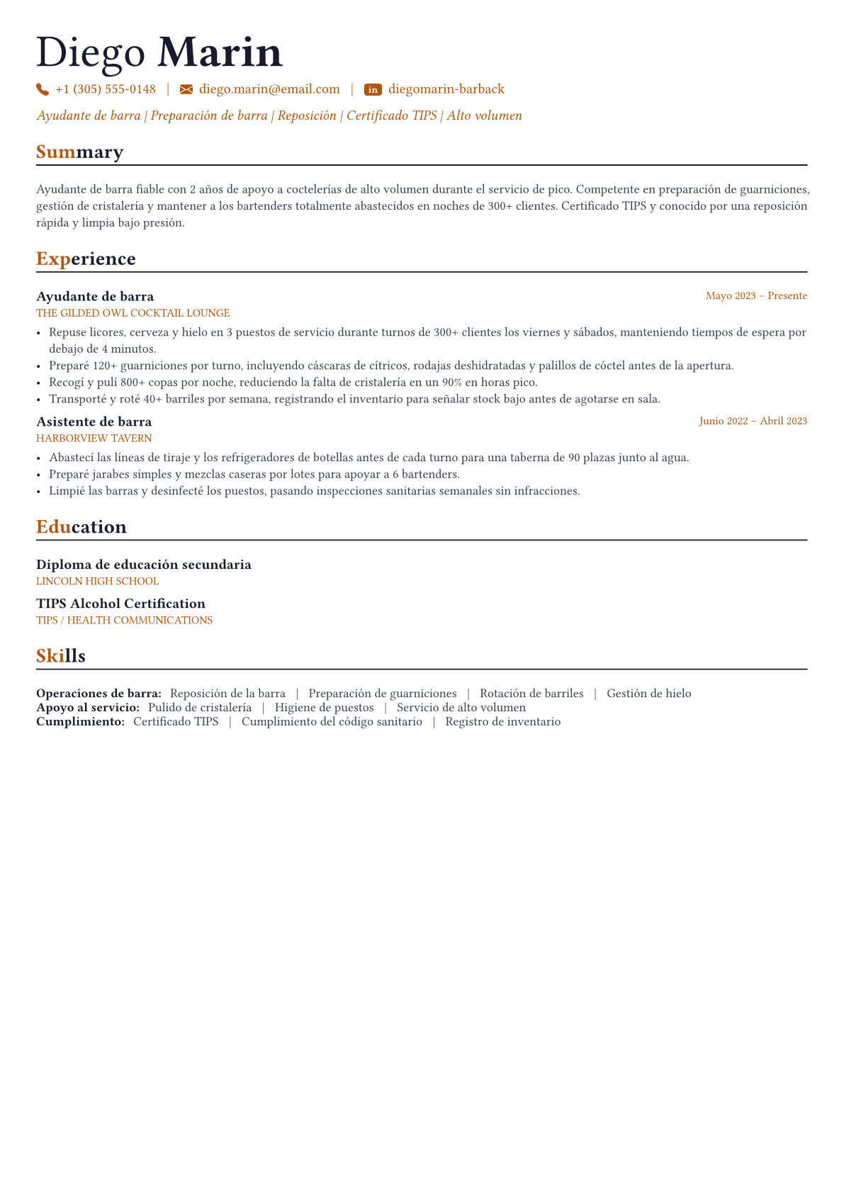 Bartender ejemplo de CV