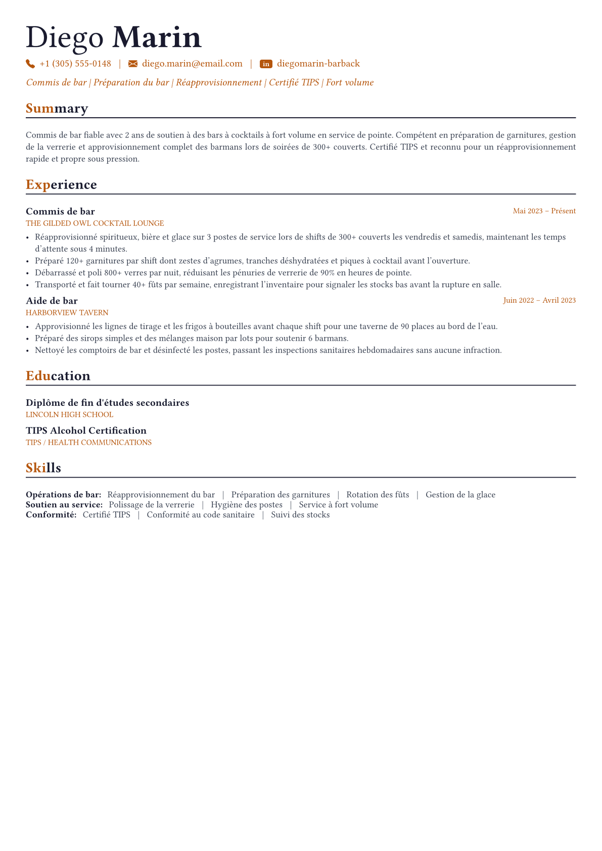 Bartender exemple de CV