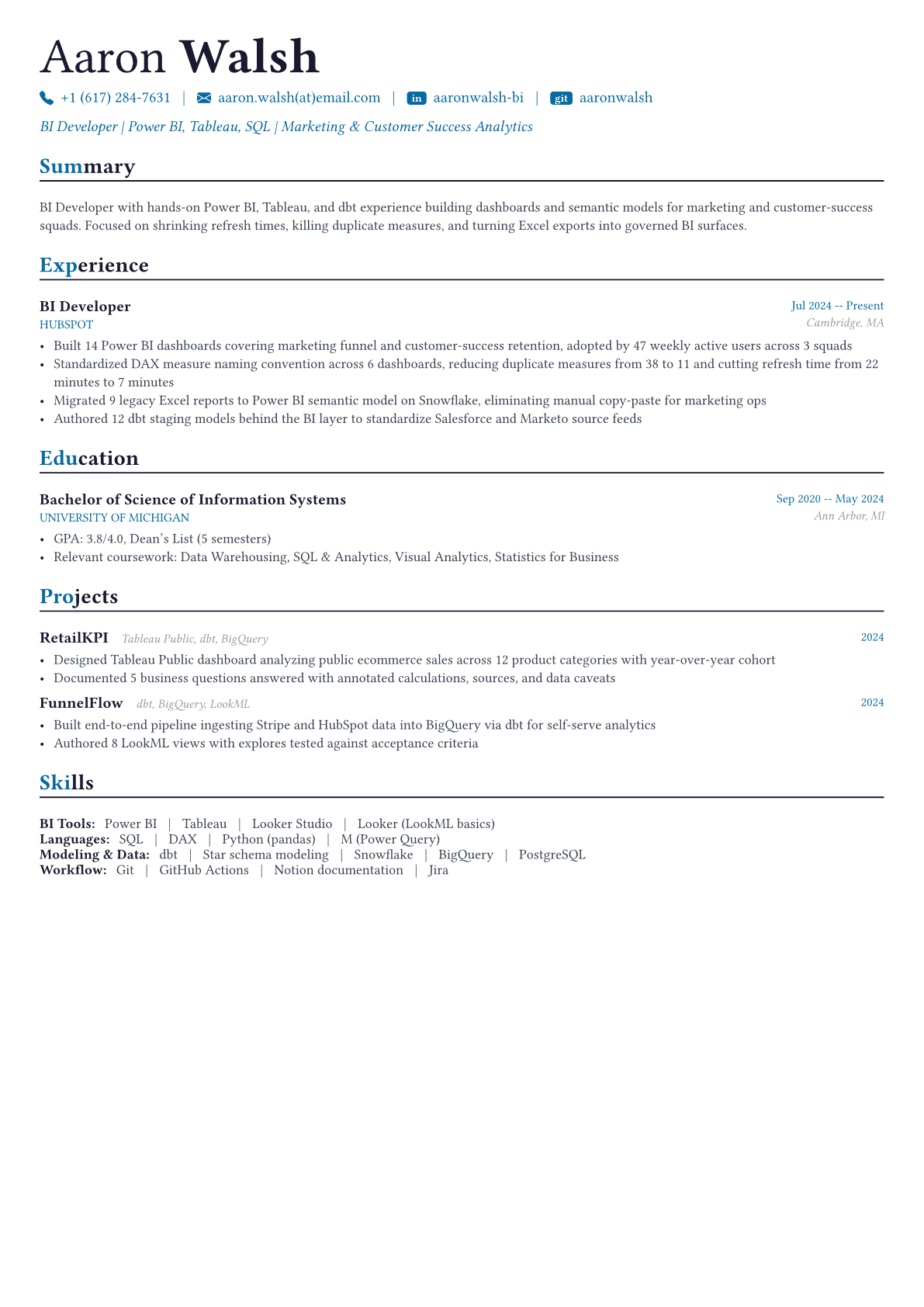 BI Developer resume example